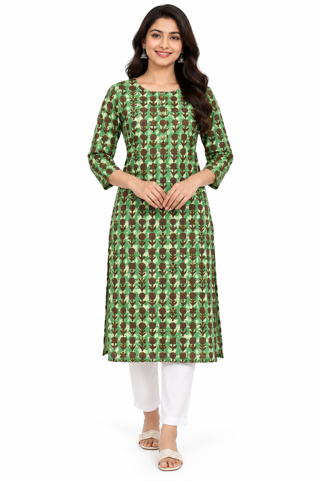 Women's Prints Cotton Blend Kurti with Round Neck, 3/4 Sleeve and Regular Fit - Below Knee | Casual Ethnic Wear Kurti for Daily Wear & Casual Outings - 3471