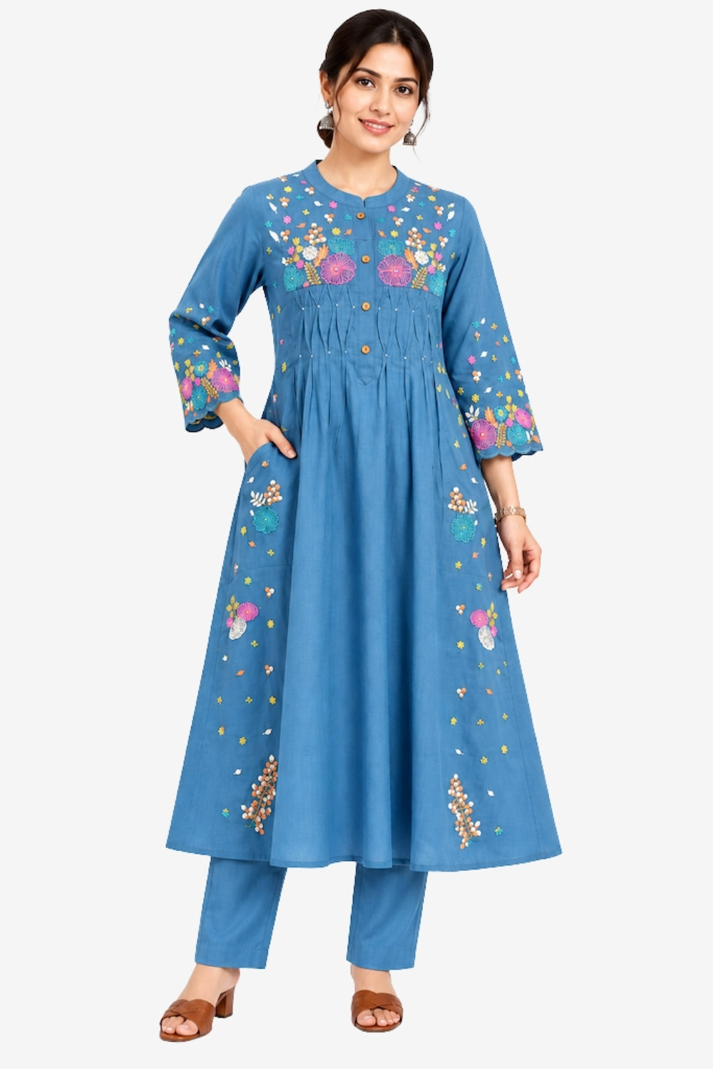 Women's Embroidery Cotton Blend Kurta Set with Mandarin Collar and 3/4 Sleeve - Below Knee | Everyday Ethnic Wear Kurta Set for Office Wear, Daily Wear, Casual Outings, Festive Wear - 0344