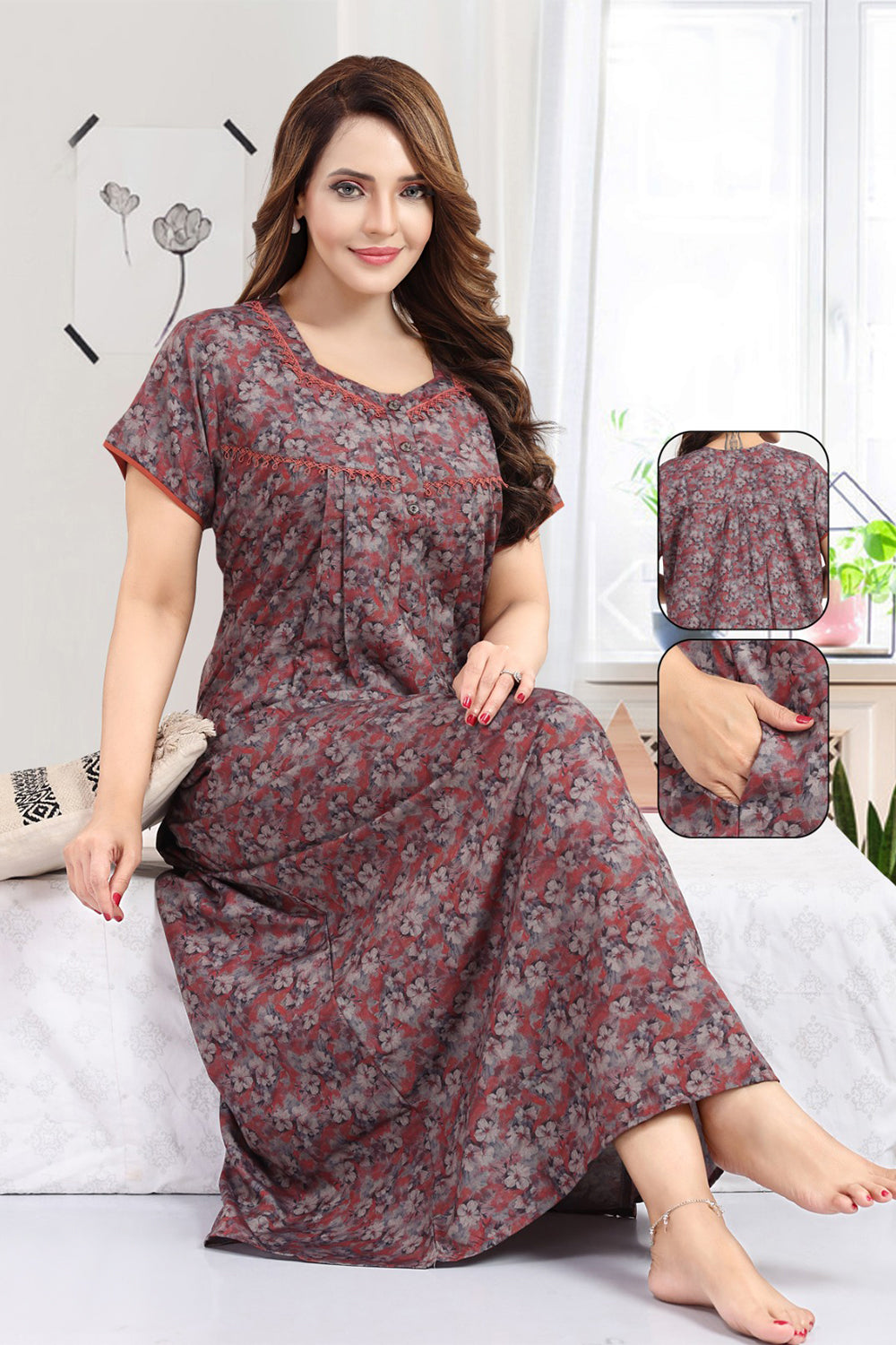 Women's Bizzy Lizzy Poly Viscose Printed Nighty | Round Neck Short Sleeve Full Length Night Gown for Women | Relax Fit Premium Sleepwear - 1822