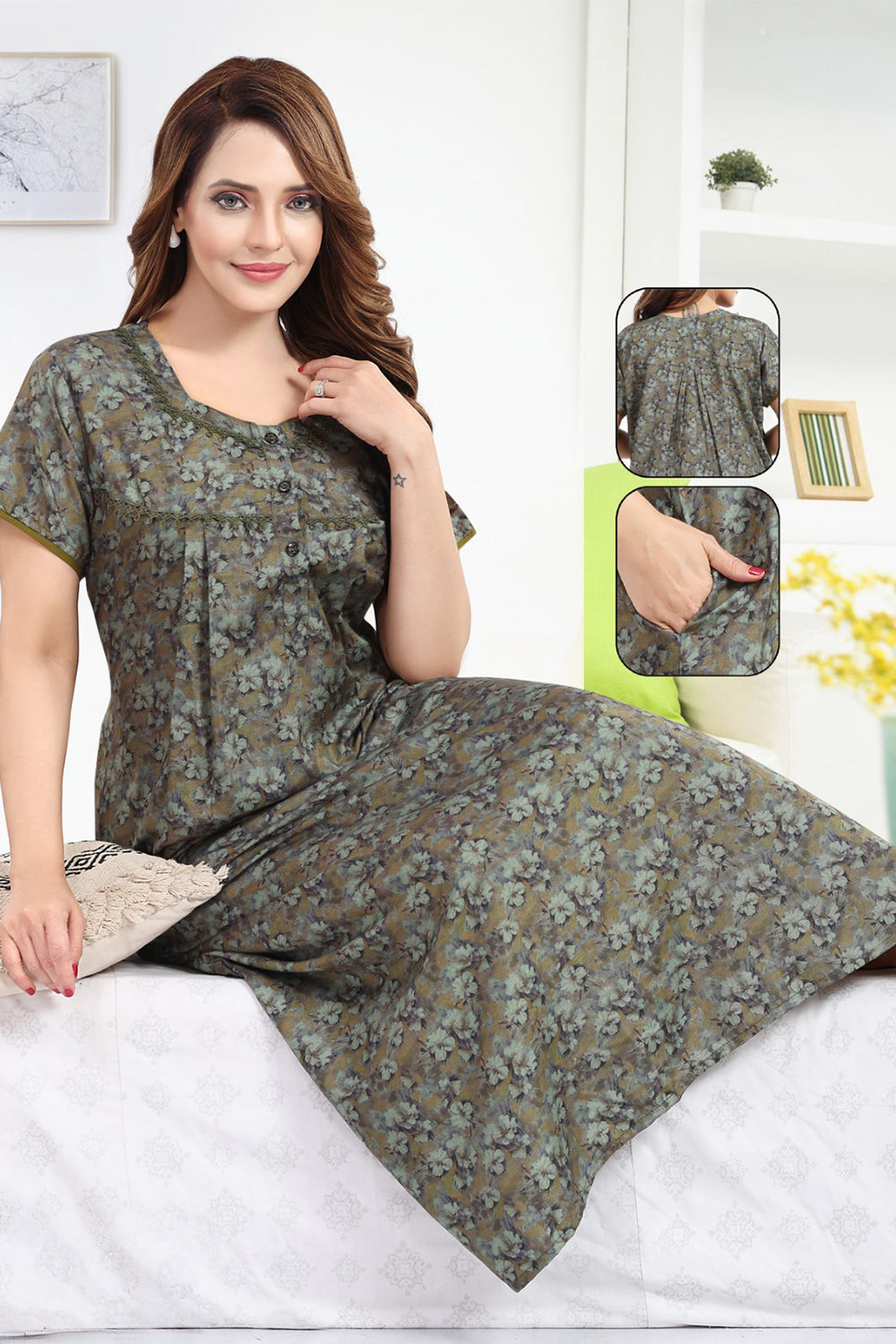 Women's Bizzy Lizzy Poly Viscose Printed Nighty | Round Neck Short Sleeve Full Length Night Gown for Women | Relax Fit Premium Sleepwear - 1822