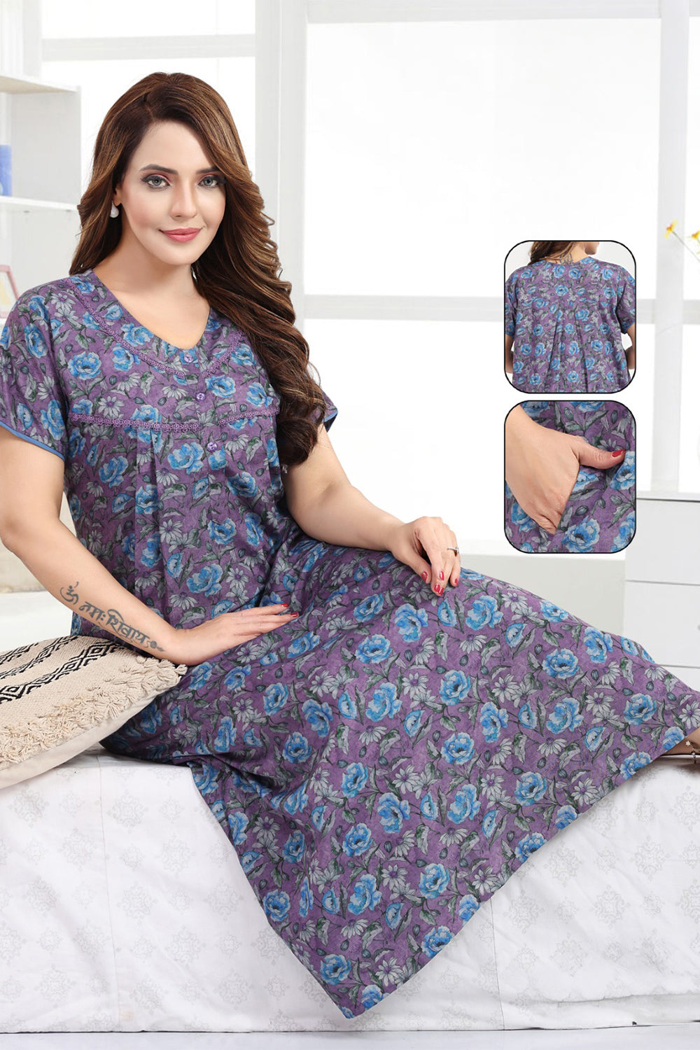 Women's Bizzy Lizzy Poly Viscose Printed Nighty | Round Neck Short Sleeve Full Length Night Gown for Women | Relax Fit Premium Sleepwear - 1823