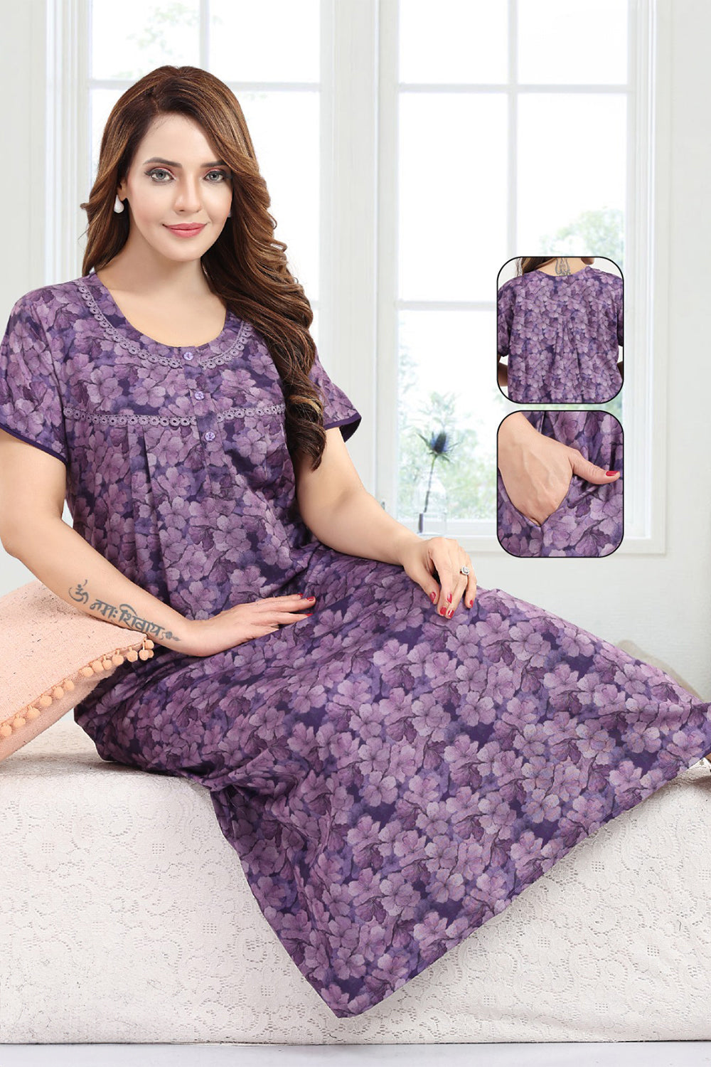 Women's Bizzy Lizzy Poly Viscose Printed Nighty | Round Neck Short Sleeve Full Length Night Gown for Women | Relax Fit Premium Sleepwear - 1824