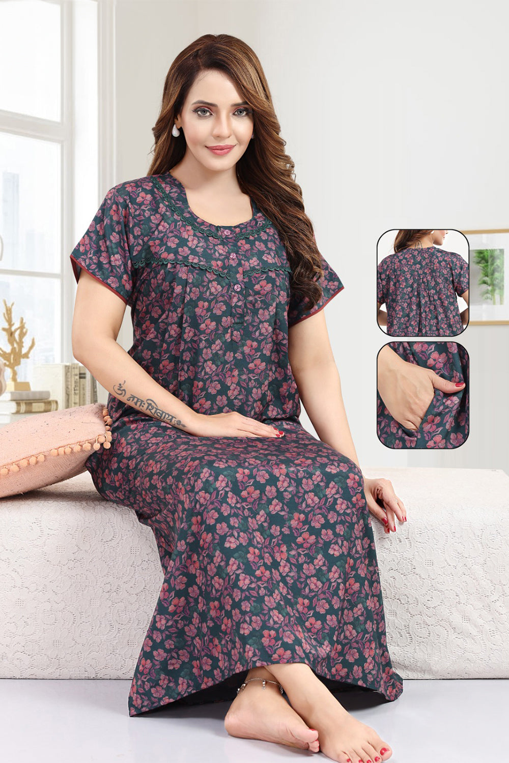 Women's Bizzy Lizzy Poly Viscose Printed Nighty | Round Neck Short Sleeve Full Length Night Gown for Women | Relax Fit Premium Sleepwear - 1825