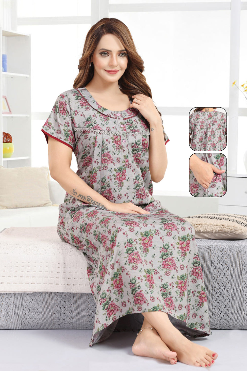 Women's Bizzy Lizzy Poly Viscose Printed Nighty | Round Neck Short Sleeve Full Length Night Gown for Women | Relax Fit Premium Sleepwear - 1826