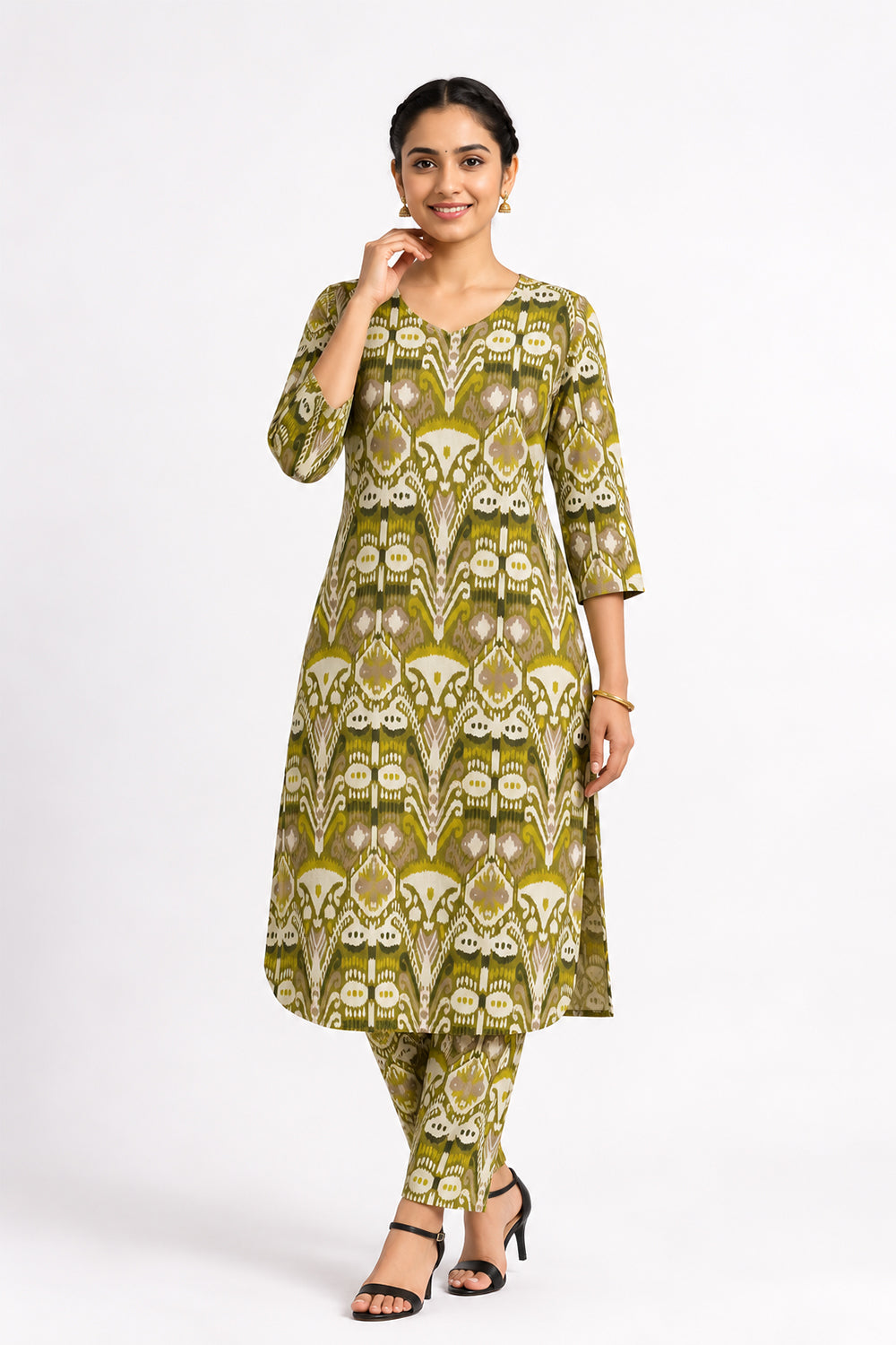 Women’s Cotton Blend Printed Kurti Set | Round Neck Below Knee Kurta Set with 3/4 Sleeves | Regular Fit Daily Office Casual Ethnic Wear for Women - 1844