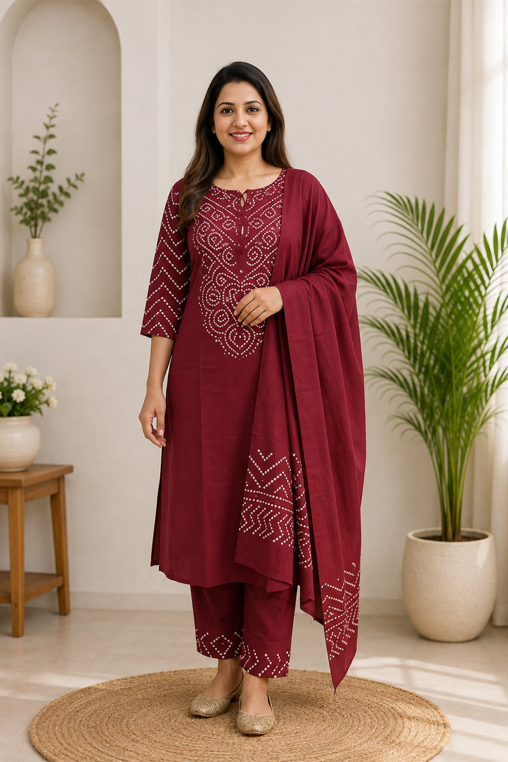 Women’s Cotton Blend Printed Chudidar | Round Neck Below Knee Kurta with 3/4 Sleeves | Regular Fit Daily Office & Casual Ethnic Wear for Women - 1954