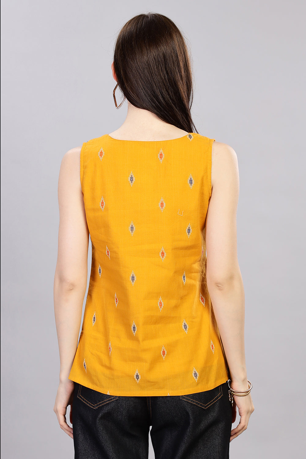 Mythri V Neck Sleeveless Casual Top for Women with Attachable Sleeves - Mustard - TO18