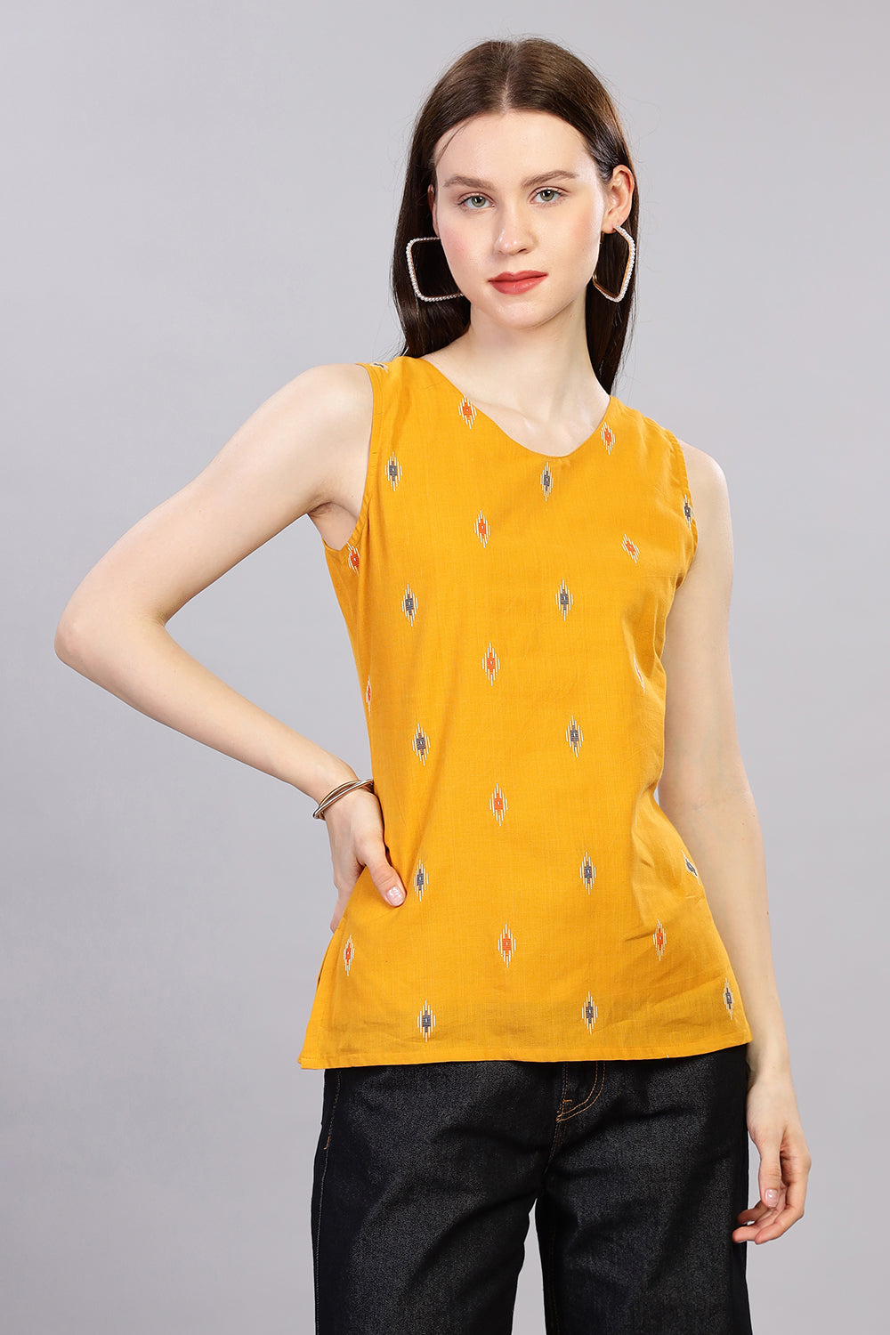 Mythri V Neck Sleeveless Casual Top for Women with Attachable Sleeves - Mustard - TO18