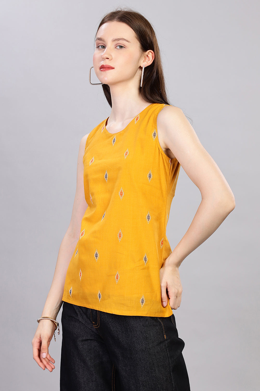 Mythri V Neck Sleeveless Casual Top for Women with Attachable Sleeves - Mustard - TO18