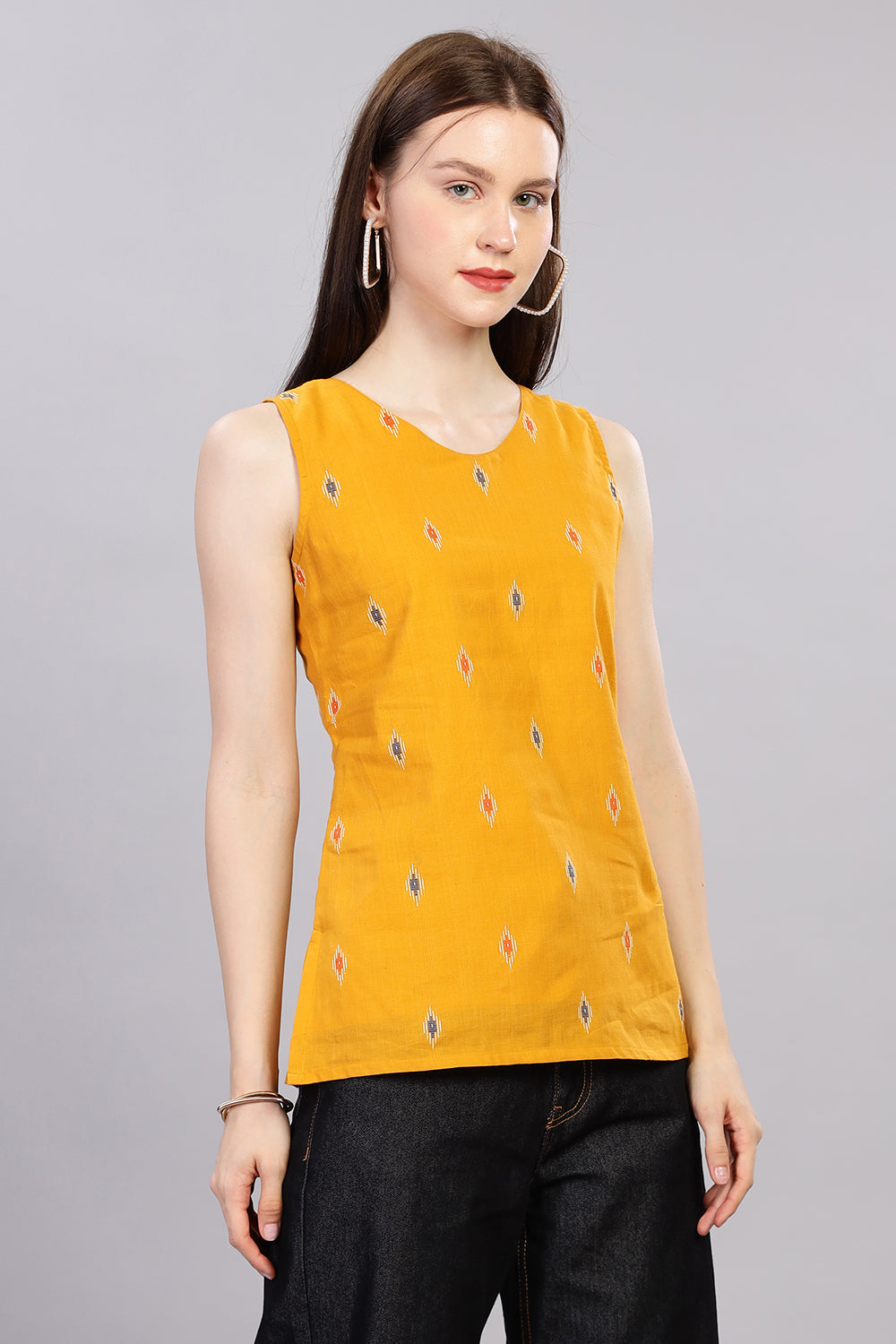 Mythri V Neck Sleeveless Casual Top for Women with Attachable Sleeves - Mustard - TO18