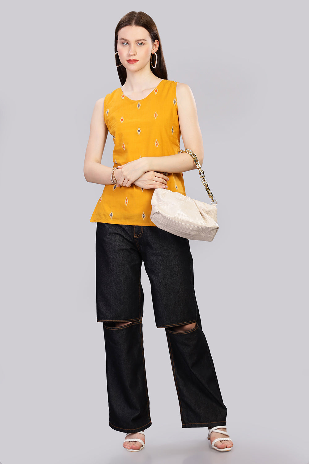 Mythri V Neck Sleeveless Casual Top for Women with Attachable Sleeves - Mustard - TO18