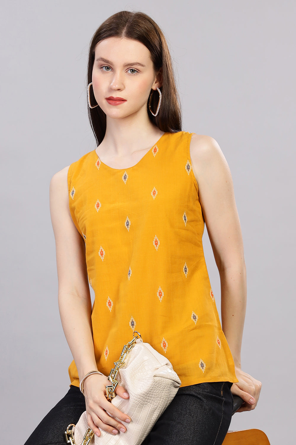 Mythri V Neck Sleeveless Casual Top for Women with Attachable Sleeves - Mustard - TO18