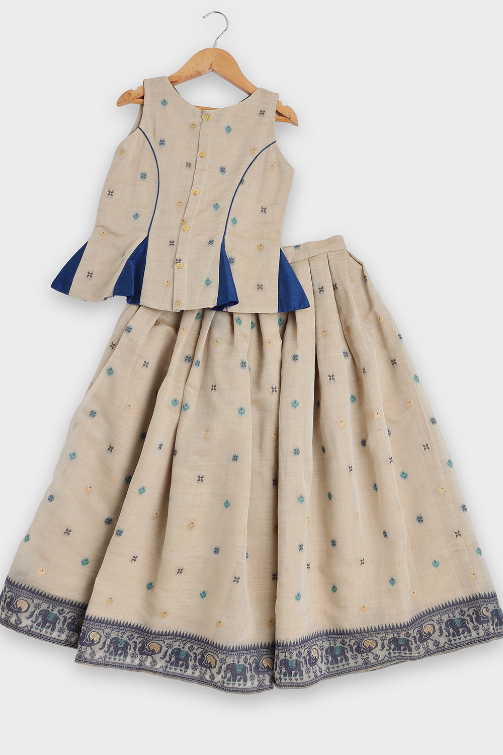 Chittythalli Girls Pavadai Set Traditional Wear | Chanderi Cotton Pavadai Set | Peplum Top with Contrast Piping & Gored Panels | Jamdhani Bordered Pleated Skirt | Woven Ethnic Dress for Girls - PS98