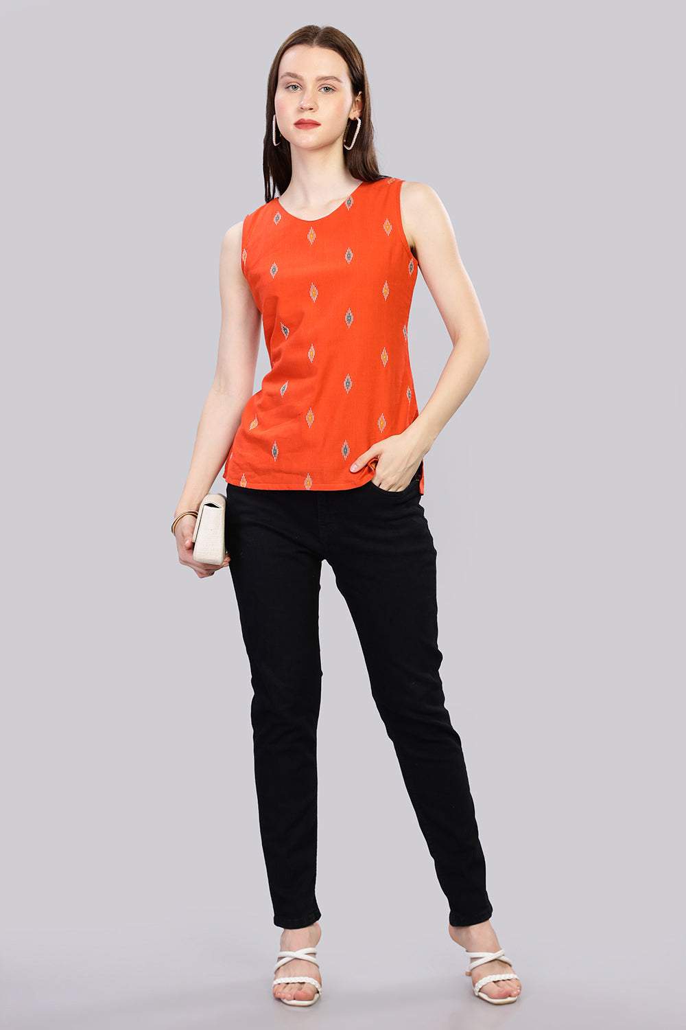 Mythri V Neck Sleeveless Casual Top for Women with Attachable Sleeves - Orange - TO18