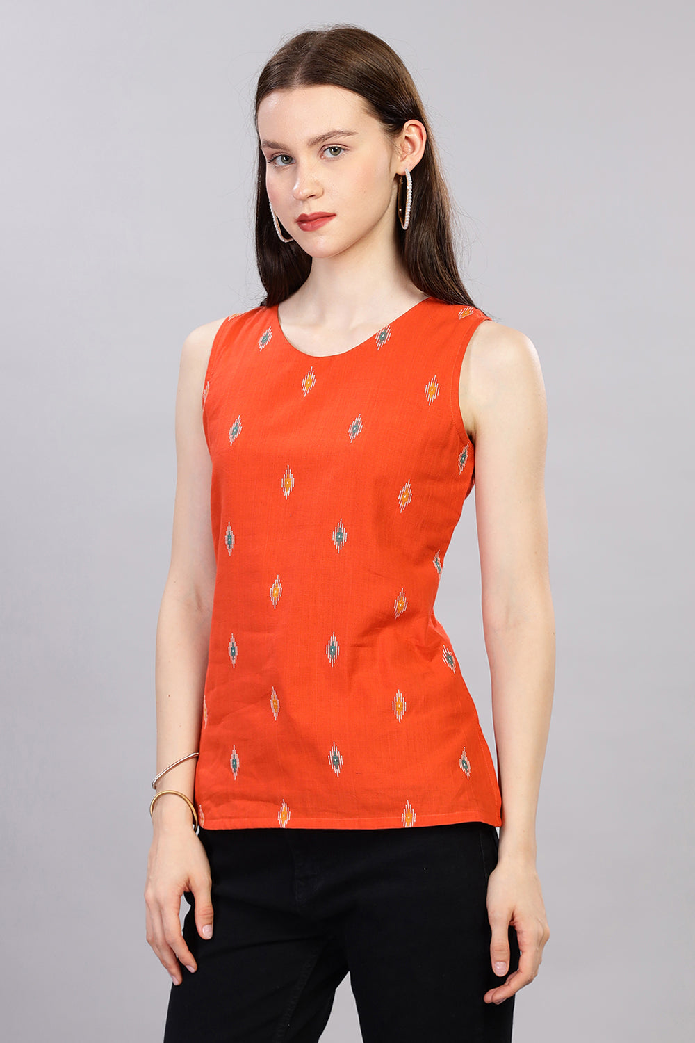 Mythri V Neck Sleeveless Casual Top for Women with Attachable Sleeves - Orange - TO18