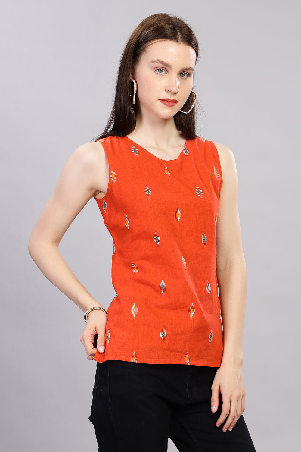 Mythri V Neck Sleeveless Casual Top for Women with Attachable Sleeves - Orange - TO18