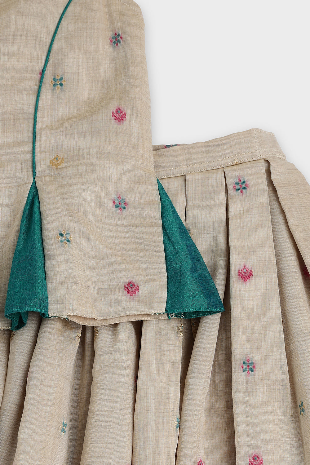 Chittythalli Girls Pavadai Set Traditional Wear | Chanderi Cotton Pavadai Set | Peplum Top with Contrast Piping & Gored Panels | Jamdhani Bordered Pleated Skirt | Woven Ethnic Dress for Girls - PS98