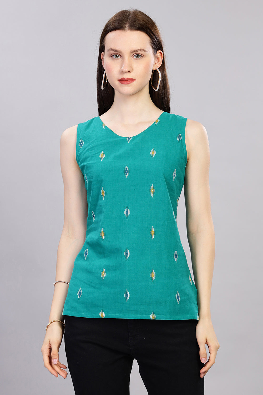 Mythri V Neck Sleeveless Casual Top for Women with Attachable Sleeves - Teal Green - TO18