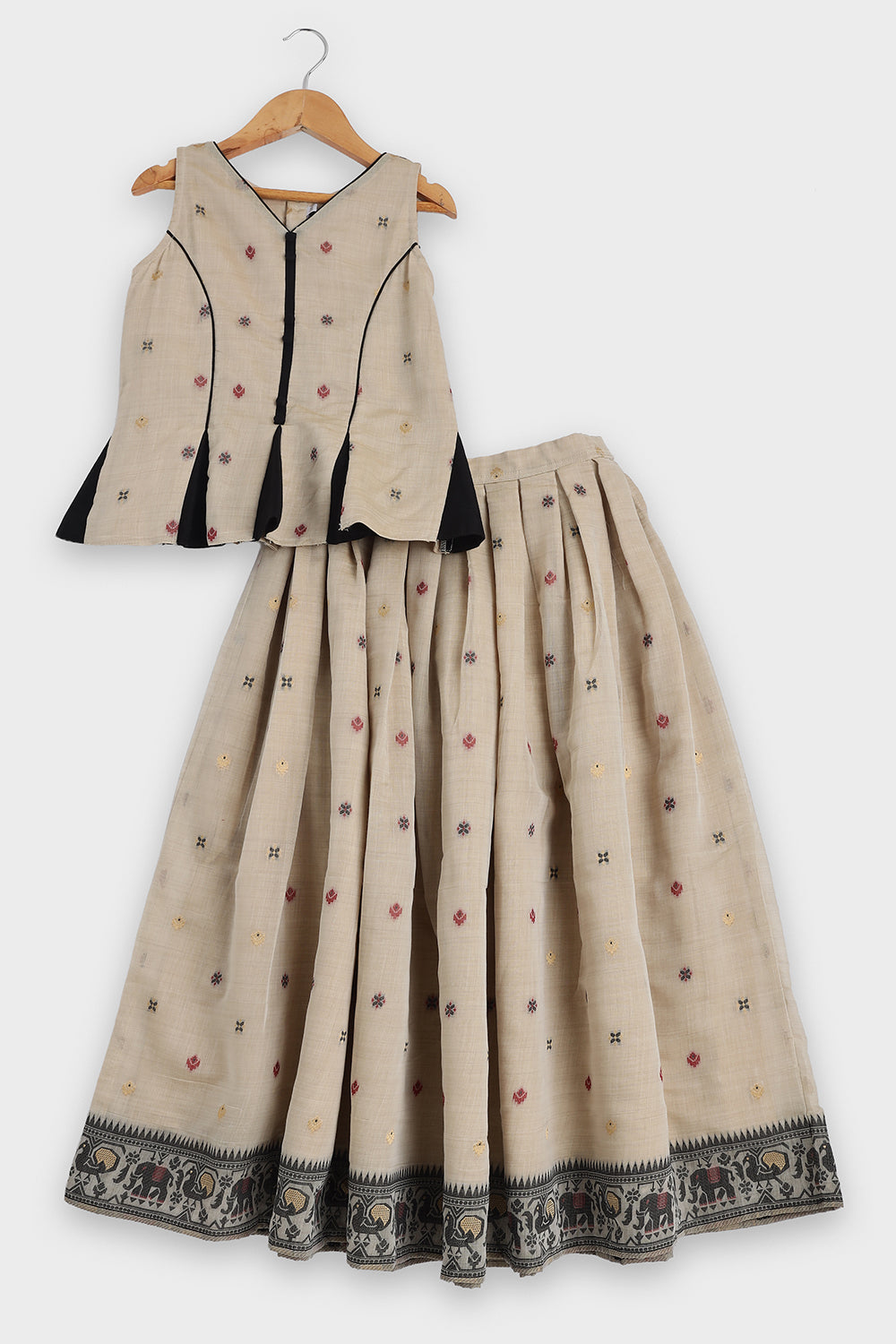 Chittythalli Girls Pavadai Set Traditional Wear | Chanderi Cotton Pavadai Set | Peplum Top with Contrast Piping & Gored Panels | Jamdhani Bordered Pleated Skirt | Woven Ethnic Dress for Girls - PS98