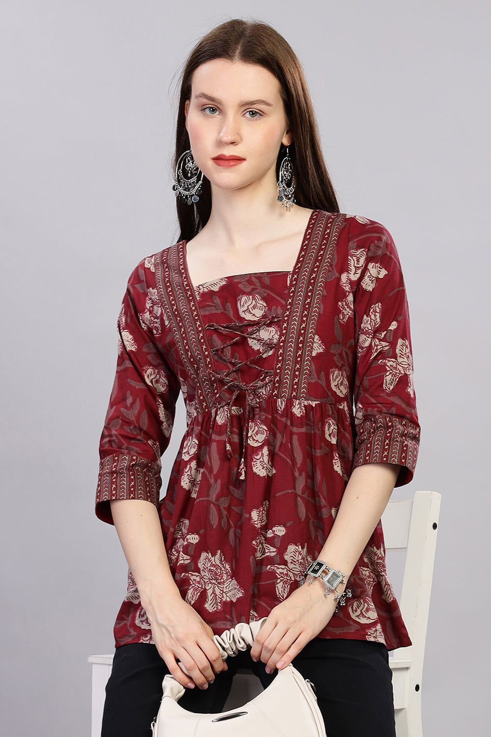 Mythri Kurta for Women with Front Tie-Up & 3/4th Sleeves - Red - TO27