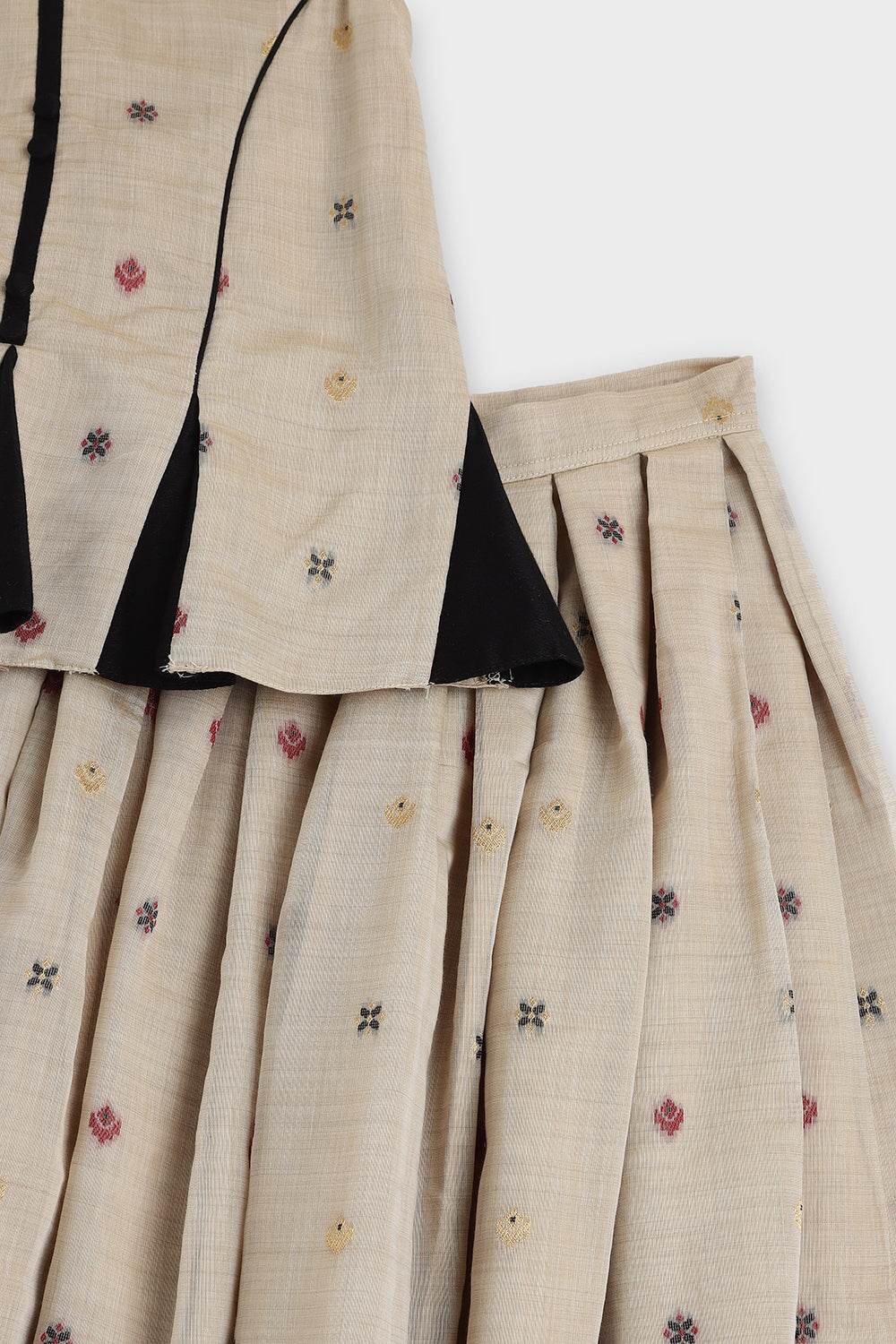 Chittythalli Girls Pavadai Set Traditional Wear | Chanderi Cotton Pavadai Set | Peplum Top with Contrast Piping & Gored Panels | Jamdhani Bordered Pleated Skirt | Woven Ethnic Dress for Girls - PS98