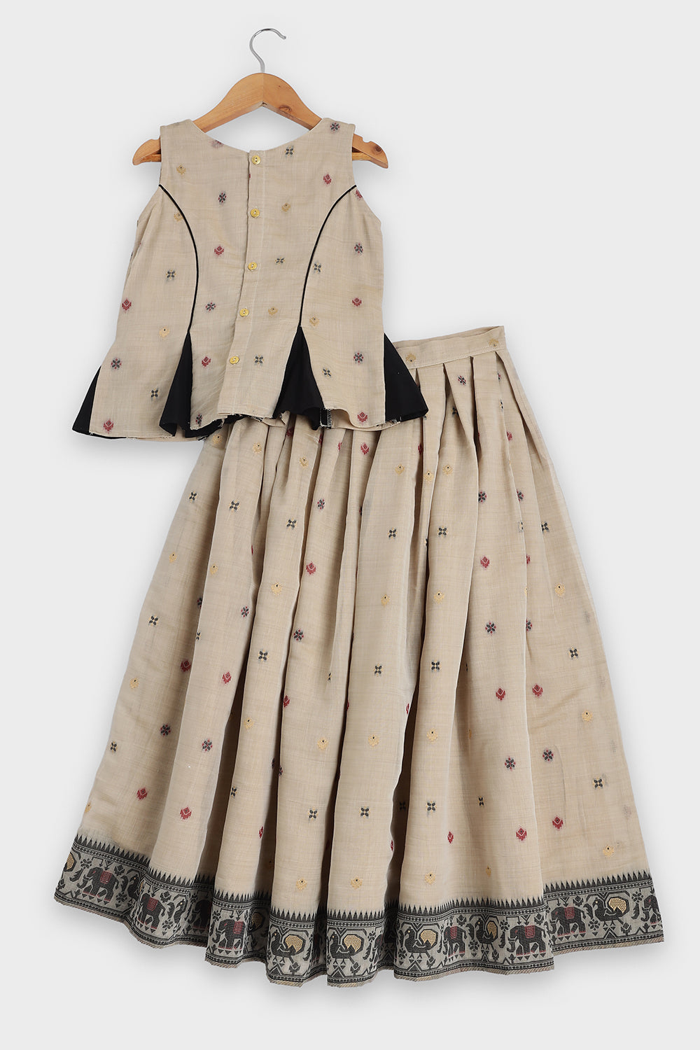 Chittythalli Girls Pavadai Set Traditional Wear | Chanderi Cotton Pavadai Set | Peplum Top with Contrast Piping & Gored Panels | Jamdhani Bordered Pleated Skirt | Woven Ethnic Dress for Girls - PS98