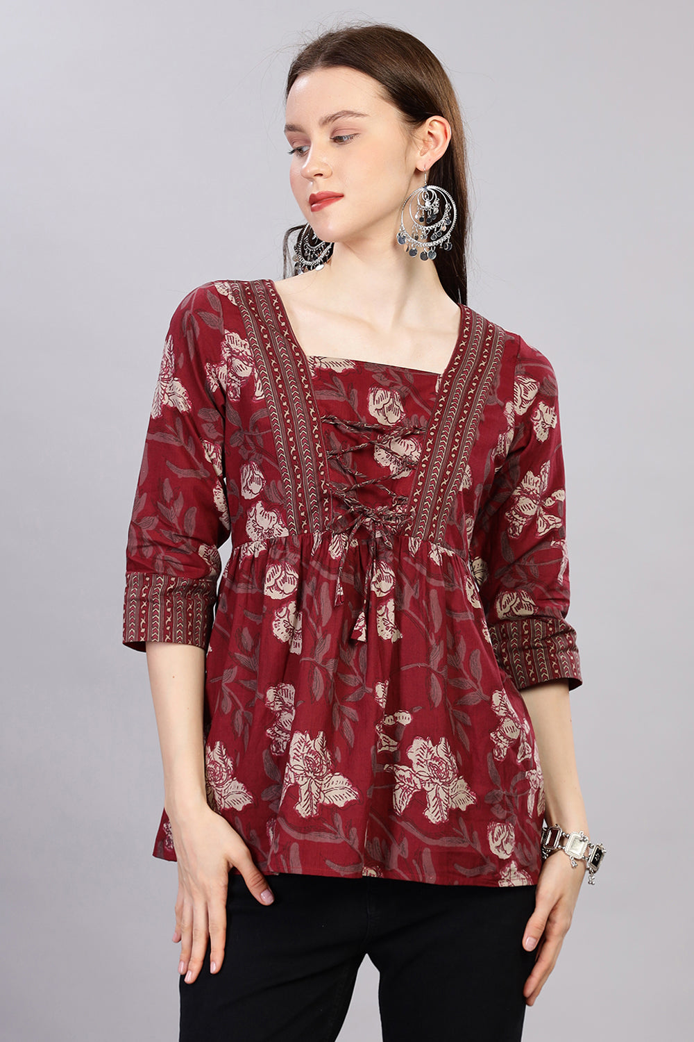 Mythri Kurta for Women with Front Tie-Up & 3/4th Sleeves - Red - TO27