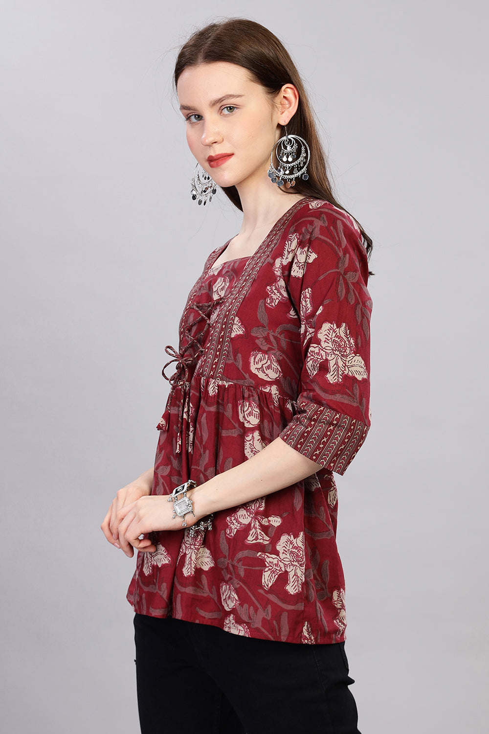 Mythri Kurta for Women with Front Tie-Up & 3/4th Sleeves - Red - TO27