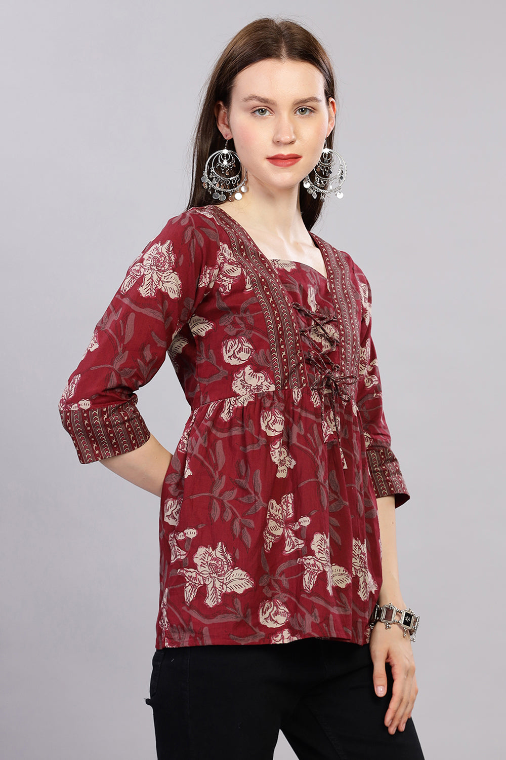 Mythri Kurta for Women with Front Tie-Up & 3/4th Sleeves - Red - TO27