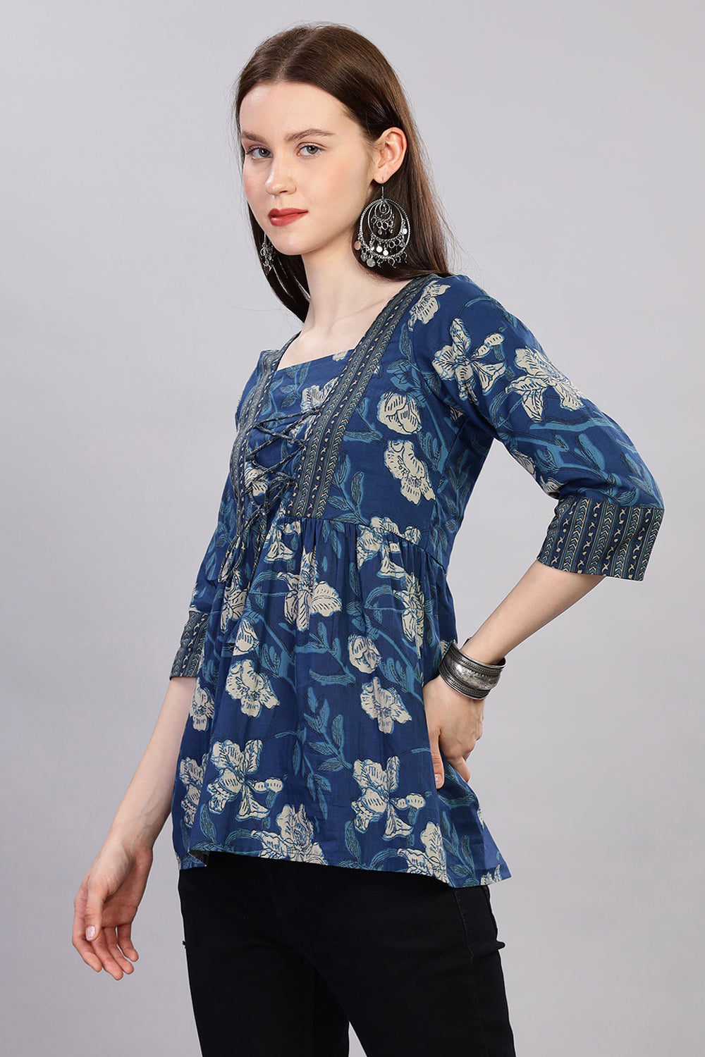 Mythri Kurta for Women with Front Tie-Up & 3/4th Sleeves - Blue - TO27