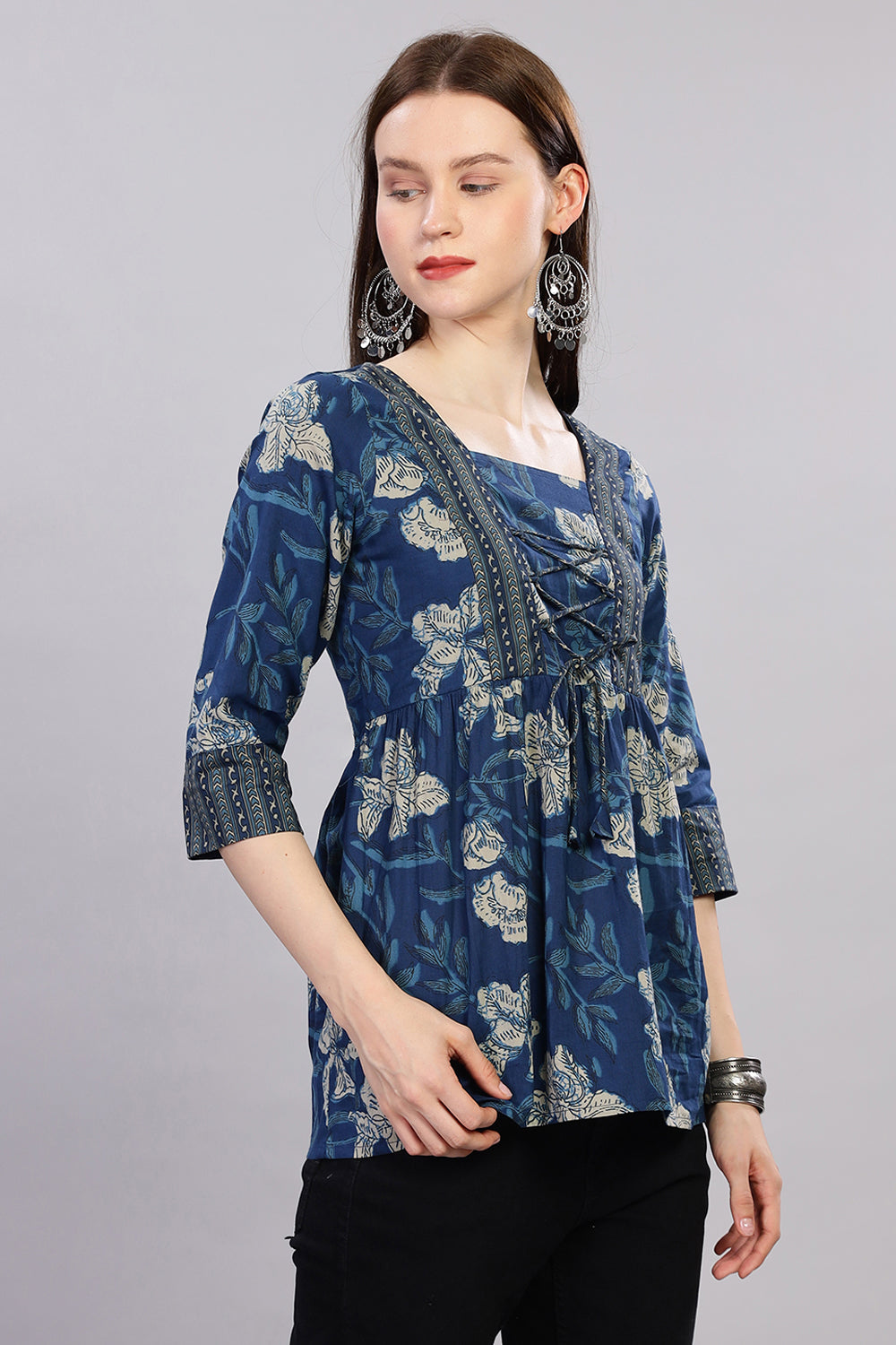 Mythri Kurta for Women with Front Tie-Up & 3/4th Sleeves - Blue - TO27