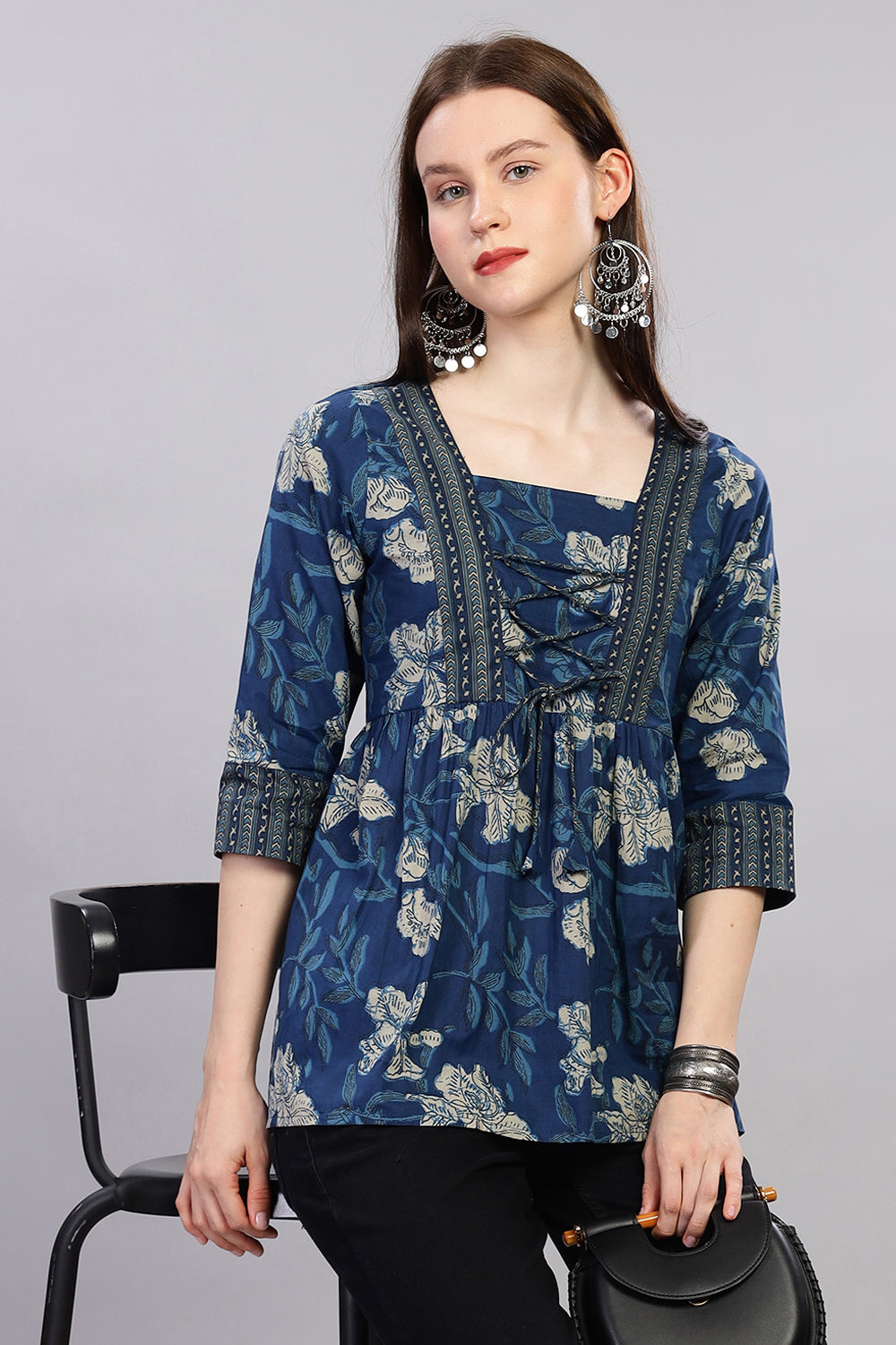 Mythri Kurta for Women with Front Tie-Up & 3/4th Sleeves - Blue - TO27