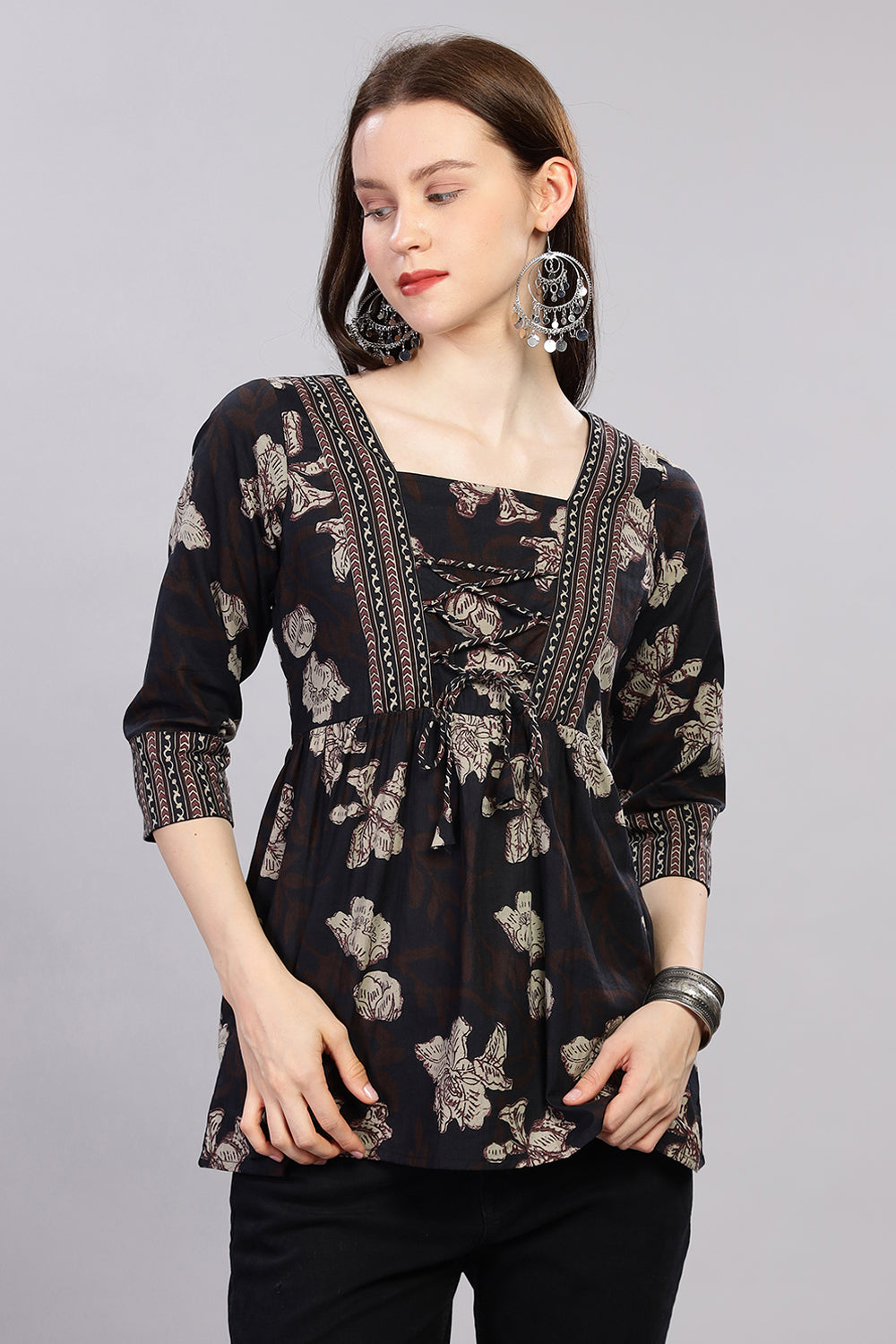 Mythri Kurta for Women with Front Tie-Up & 3/4th Sleeves - Black - TO27