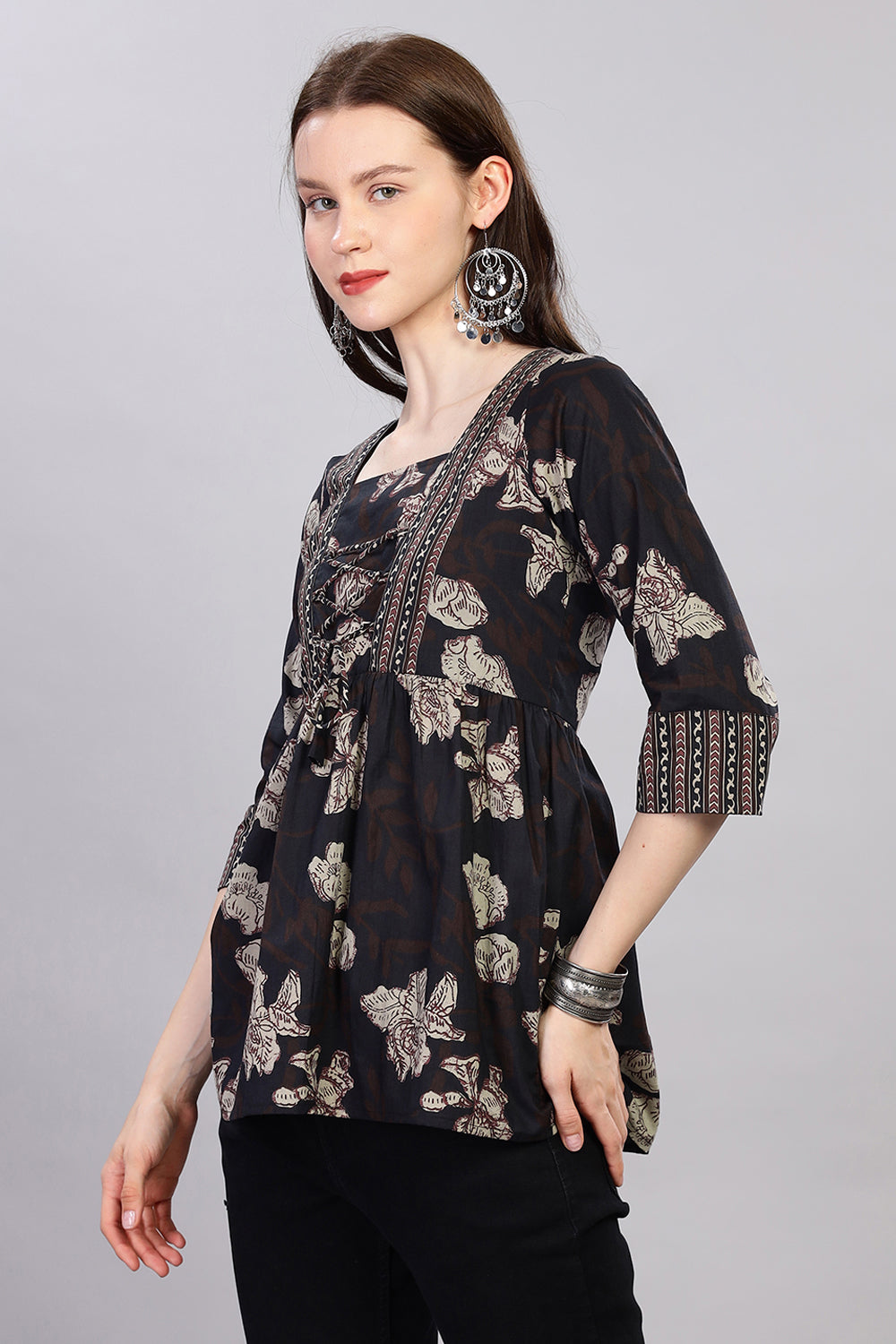 Mythri Kurta for Women with Front Tie-Up & 3/4th Sleeves - Black - TO27