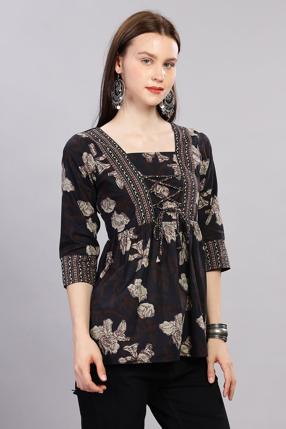 Mythri Kurta for Women with Front Tie-Up & 3/4th Sleeves - Black - TO27