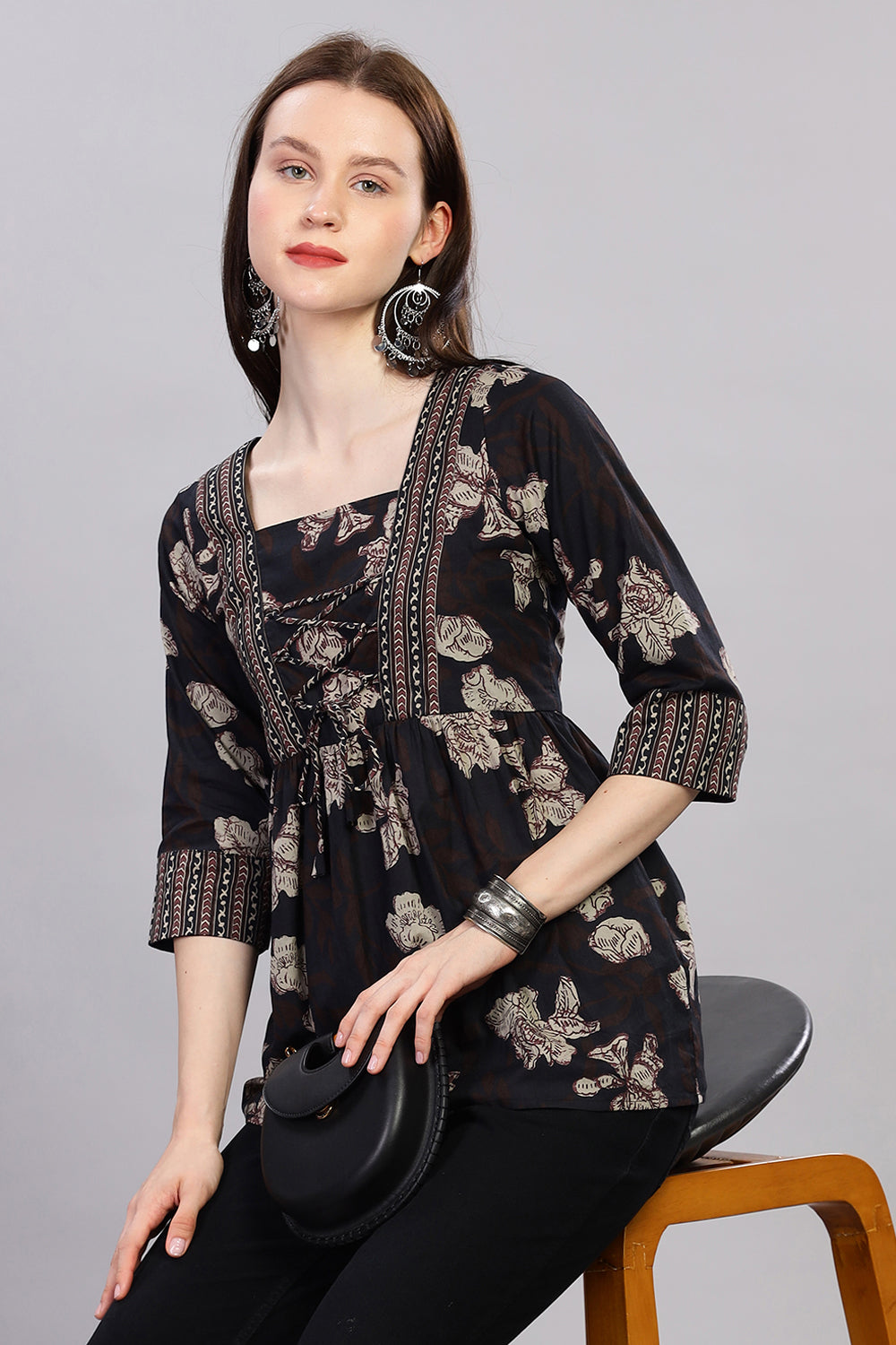 Mythri Kurta for Women with Front Tie-Up & 3/4th Sleeves - Black - TO27