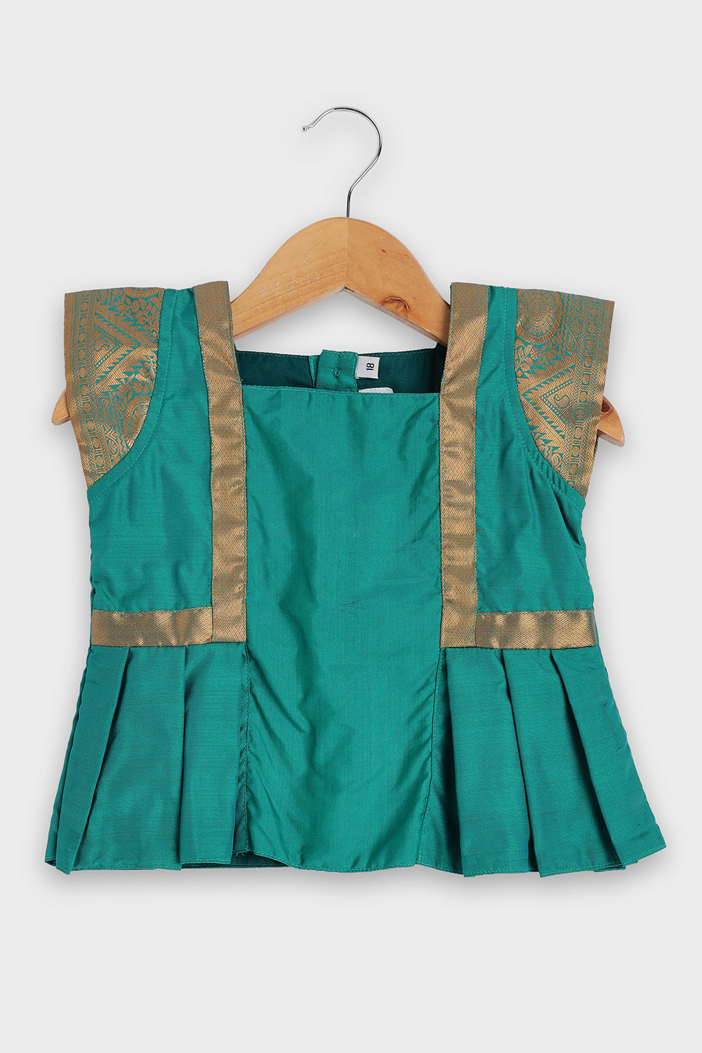Chittythalli Girls Traditional Pavadai Set | Art Silk Teal Peplum Top with Border Flat Piping & Mini Cap Sleeves | Mustard Yellow Pleated Skirt | Back Open Gold Button | Woven Ethnic Wear for Girls - PS006