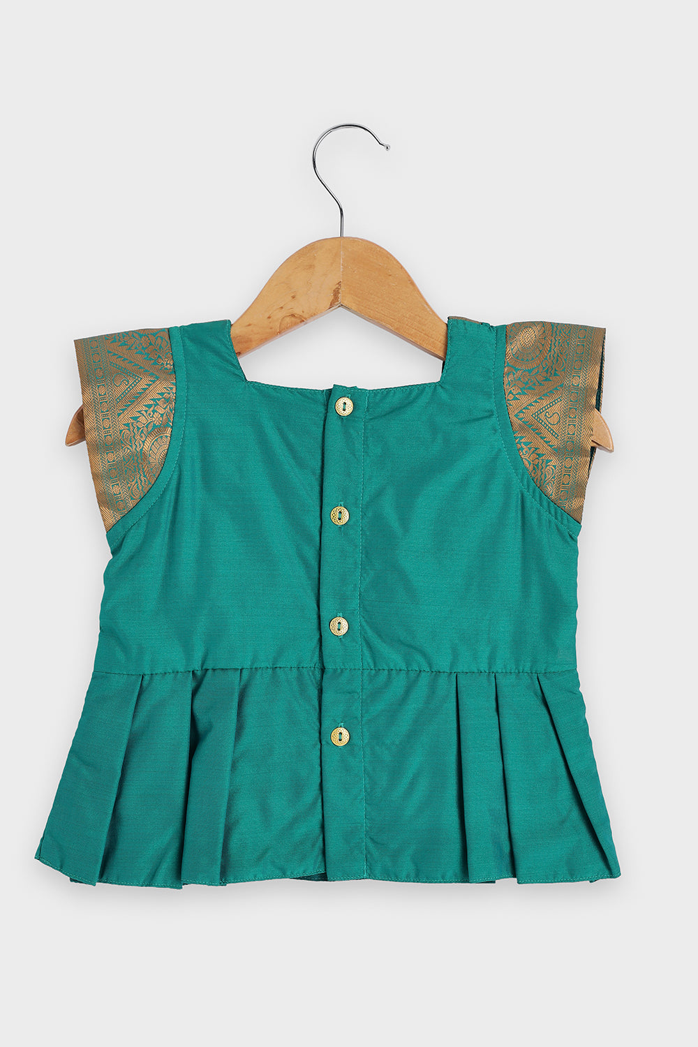 Chittythalli Girls Traditional Pavadai Set | Art Silk Teal Peplum Top with Border Flat Piping & Mini Cap Sleeves | Mustard Yellow Pleated Skirt | Back Open Gold Button | Woven Ethnic Wear for Girls - PS006