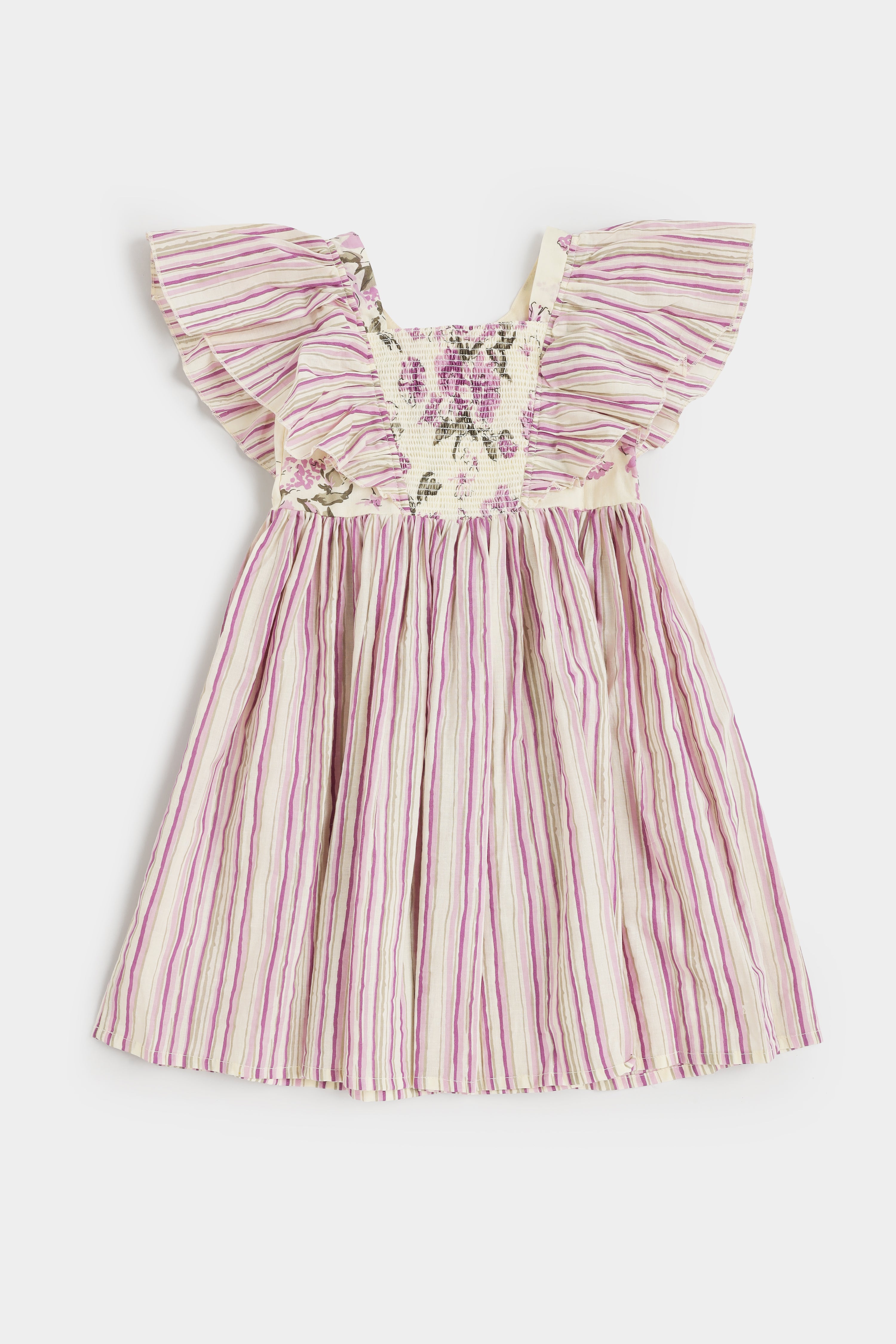 Chittythalli Girls Cotton Ethnic Frock | Jaipur Printed Summer Dress with Front & Sleeve Ruffle and Smocking Back - FR45