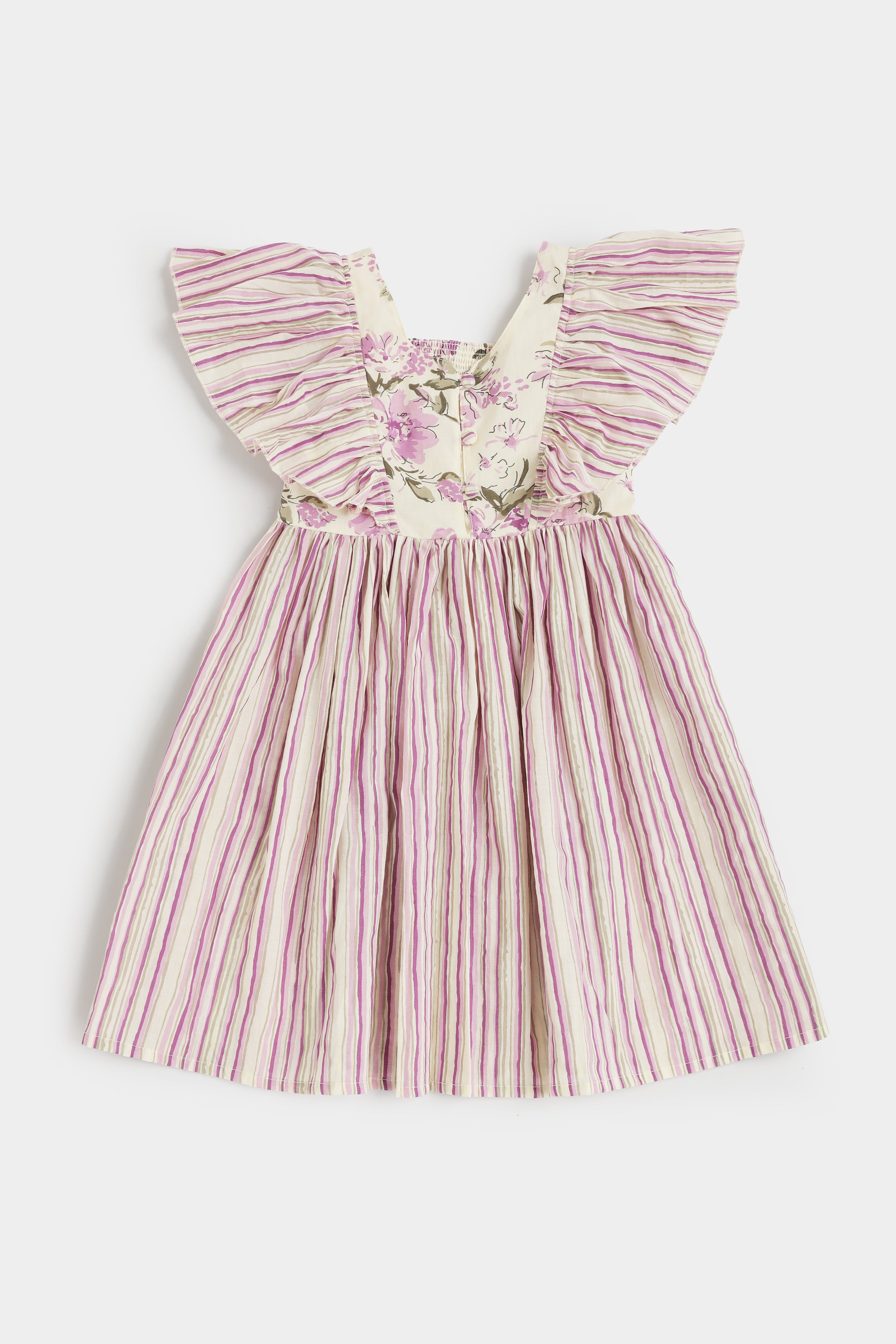 Chittythalli Girls Cotton Ethnic Frock | Jaipur Printed Summer Dress with Front & Sleeve Ruffle and Smocking Back - FR45