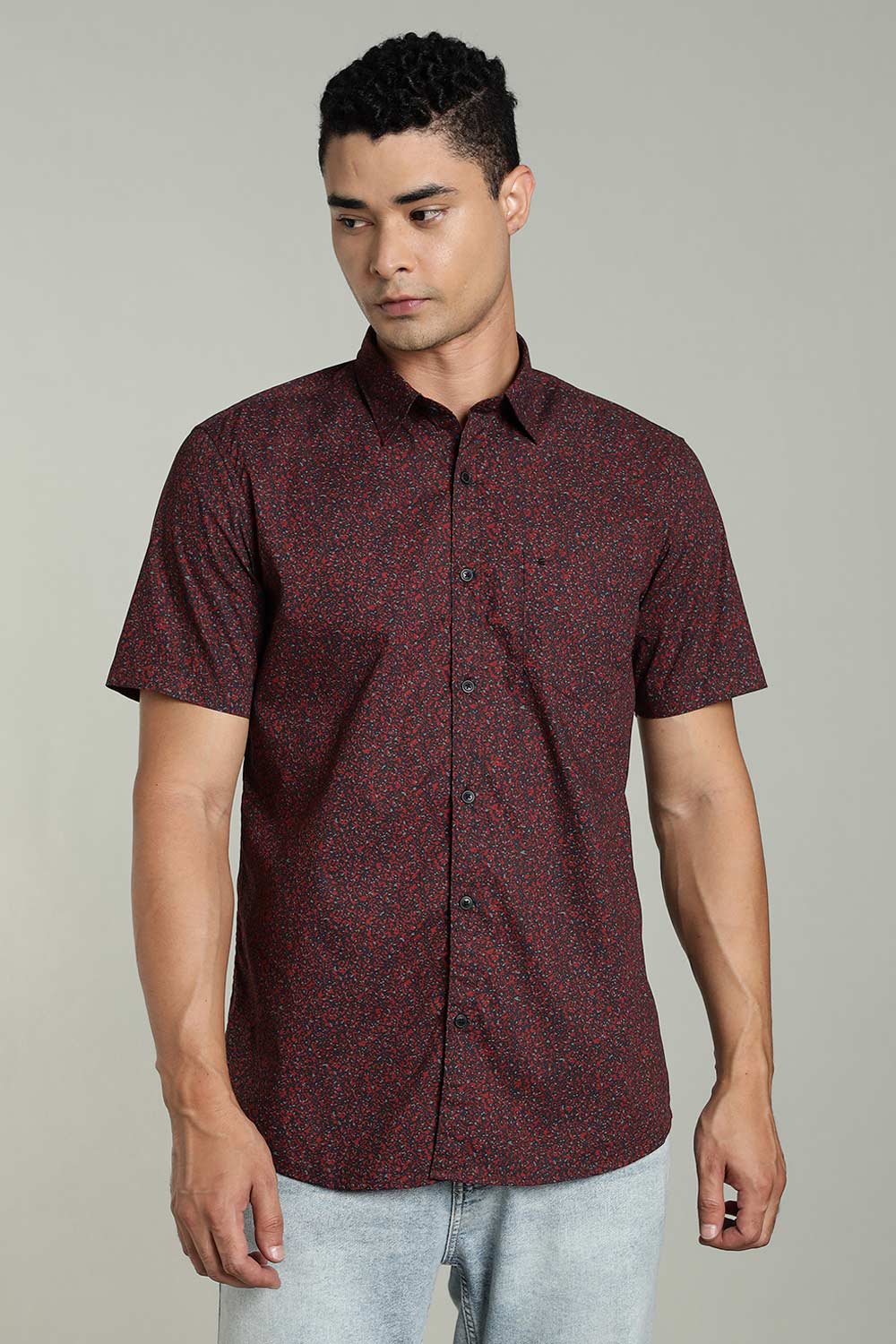 Enhance Mens Printed Casual Shirt Standard Collar Half Sleeve V Pocket - Red - SA19
