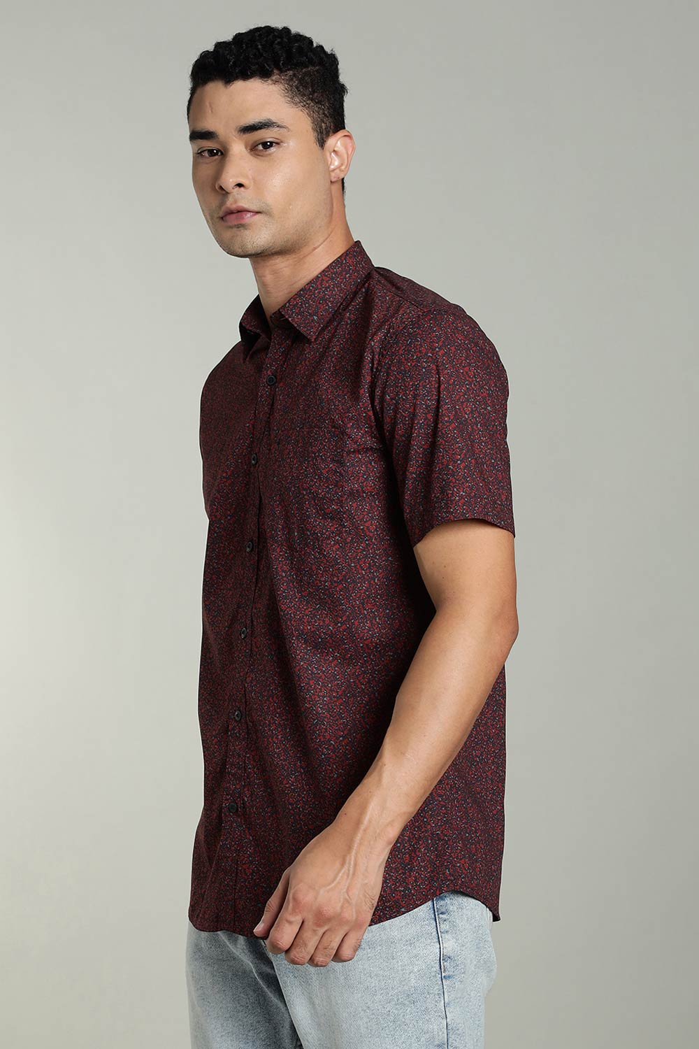 Enhance Mens Printed Casual Shirt Standard Collar Half Sleeve V Pocket - Red - SA19