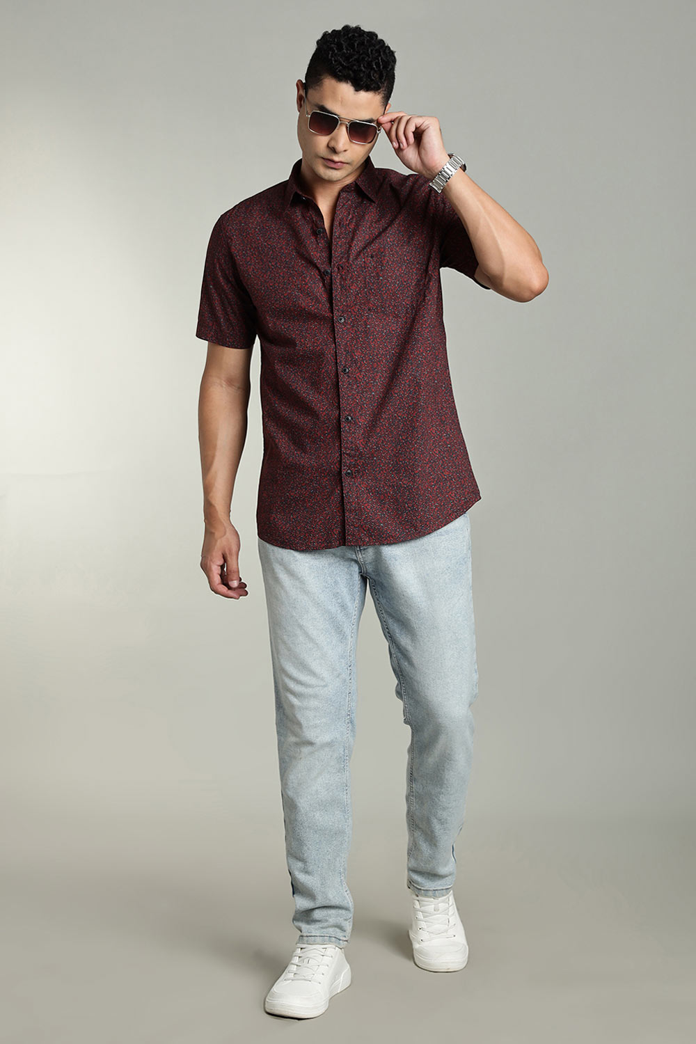 Enhance Mens Printed Casual Shirt Standard Collar Half Sleeve V Pocket - Red - SA19