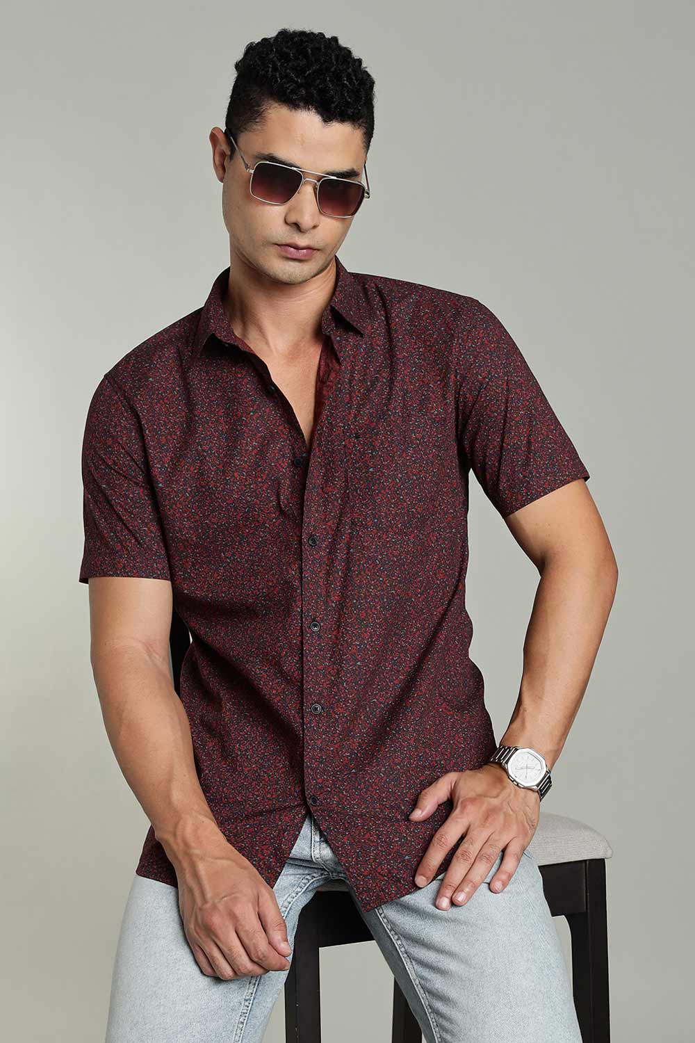 Enhance Mens Printed Casual Shirt Standard Collar Half Sleeve V Pocket - Red - SA19