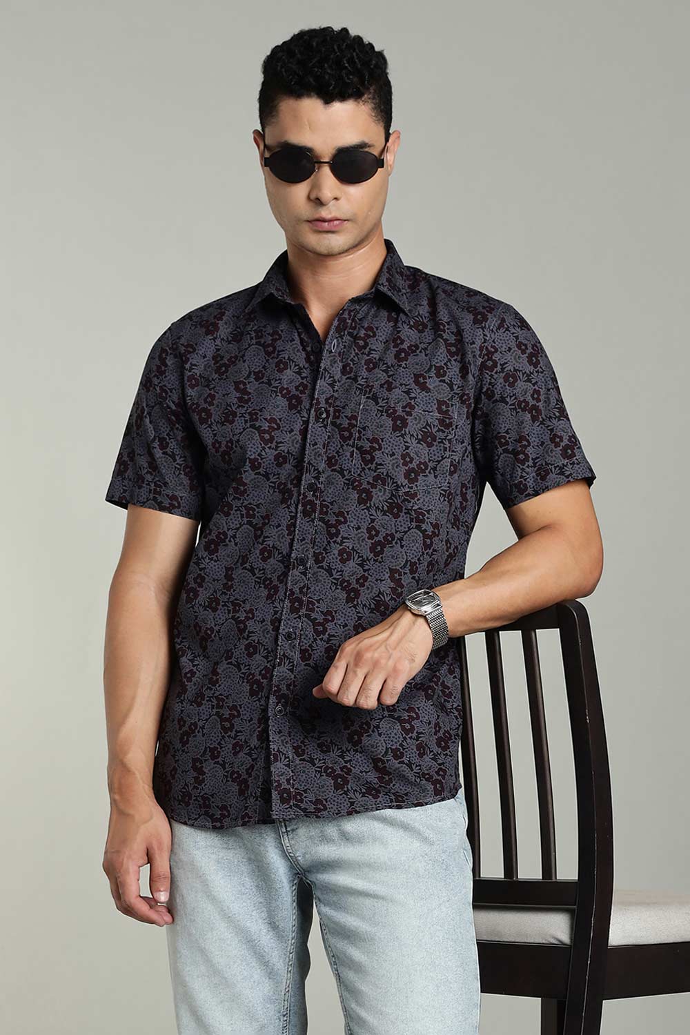 Enhance Mens Printed Casual Shirt Standard Collar Half Sleeve V Pocket - Black - SA18