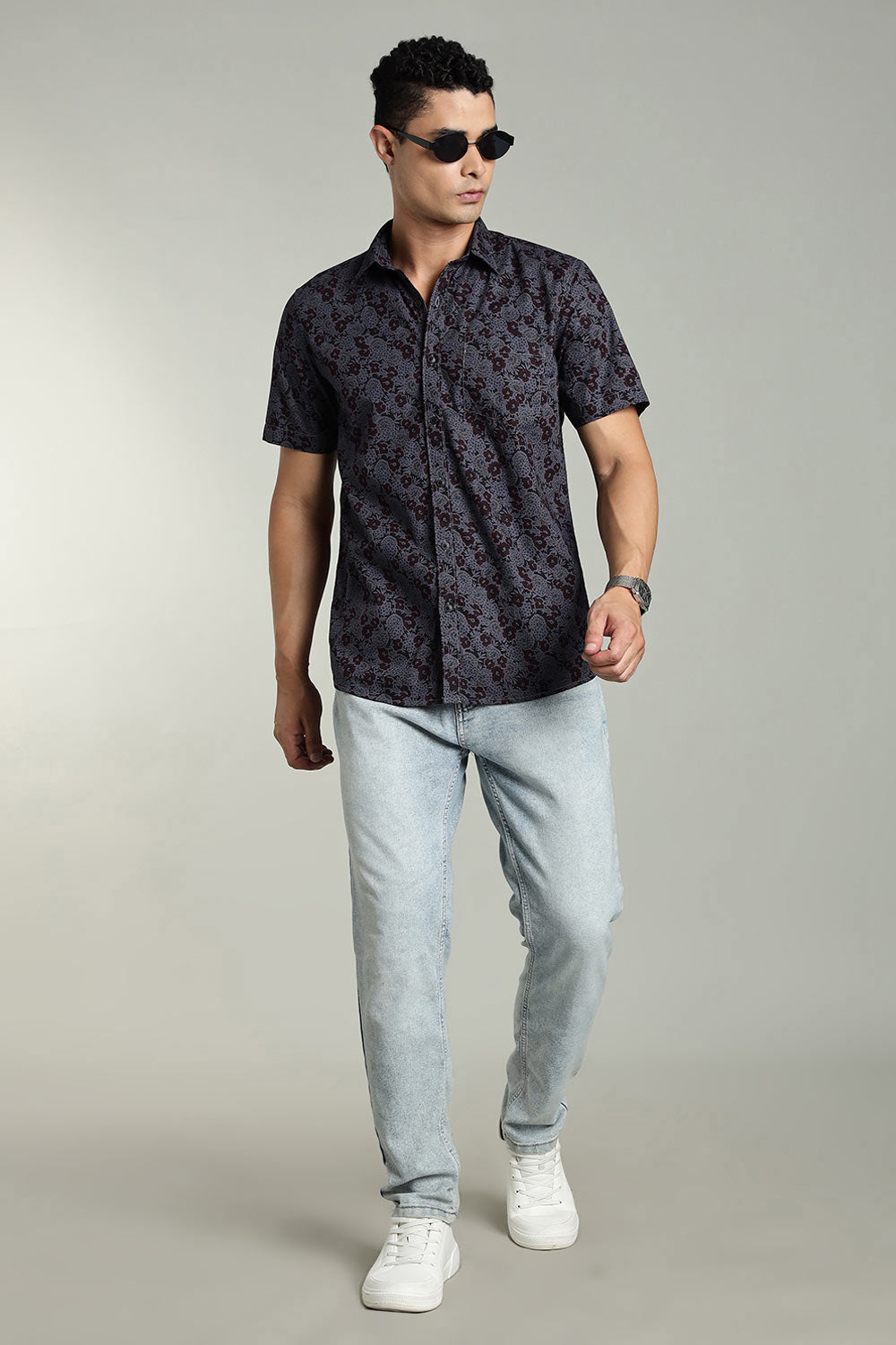 Enhance Mens Printed Casual Shirt Standard Collar Half Sleeve V Pocket - Black - SA18