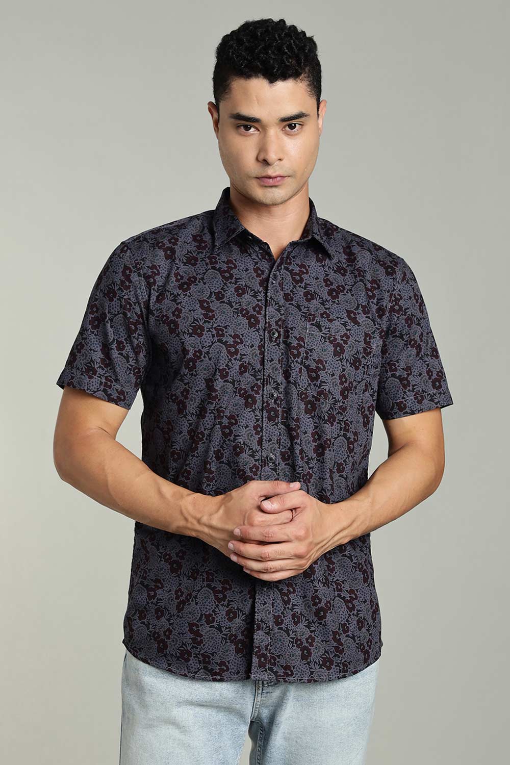 Enhance Mens Printed Casual Shirt Standard Collar Half Sleeve V Pocket - Black - SA18