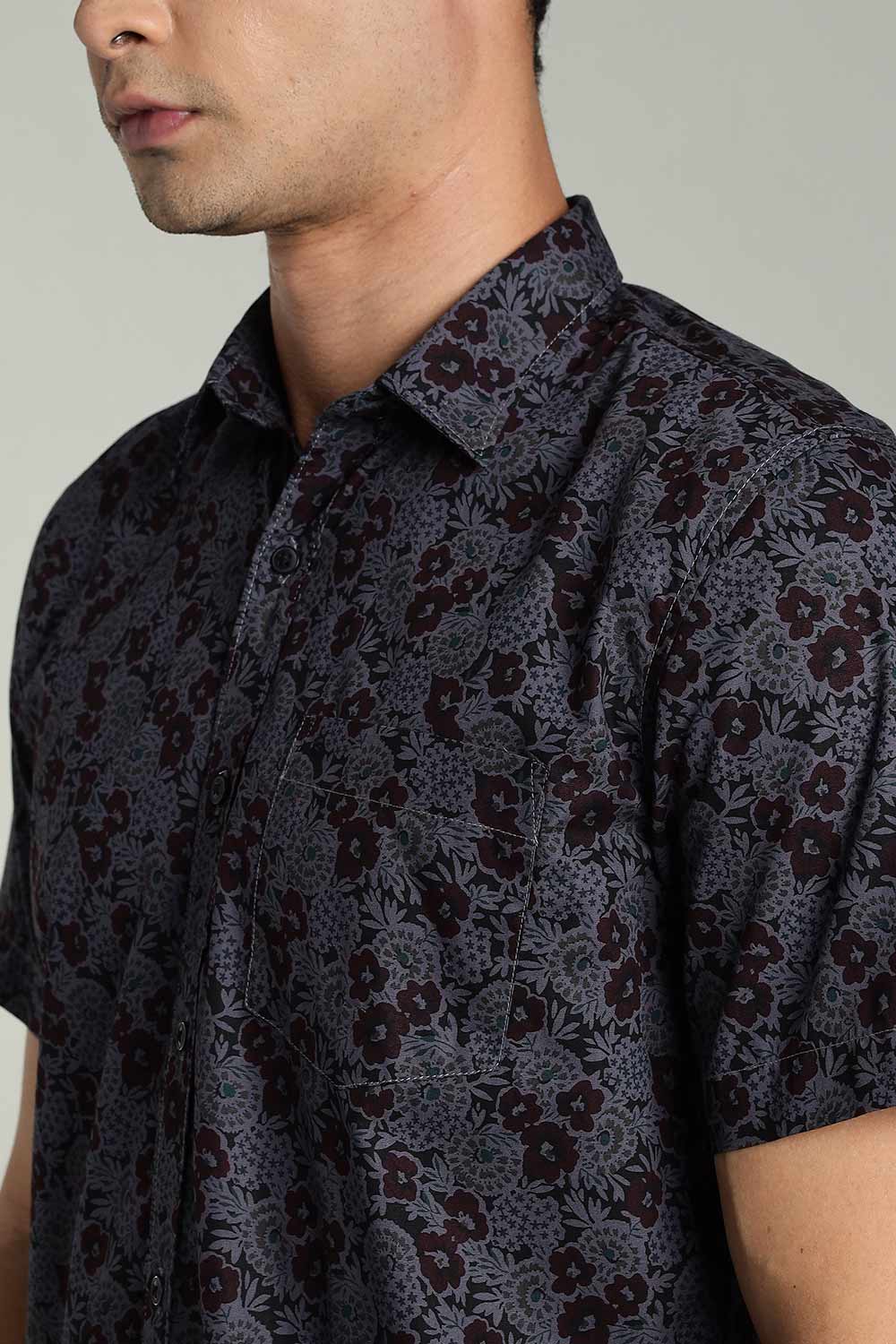 Enhance Mens Printed Casual Shirt Standard Collar Half Sleeve V Pocket - Black - SA18