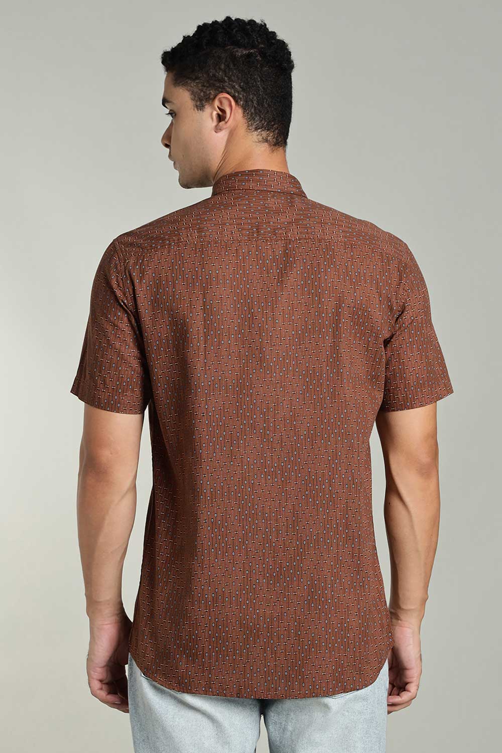 Enhance Mens Printed Casual Shirt Standard Collar Half Sleeve V Pocket - Brown - SA17