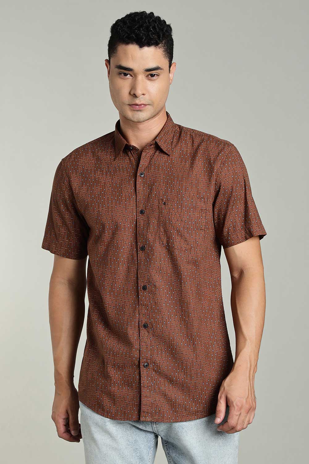 Enhance Mens Printed Casual Shirt Standard Collar Half Sleeve V Pocket - Brown - SA17